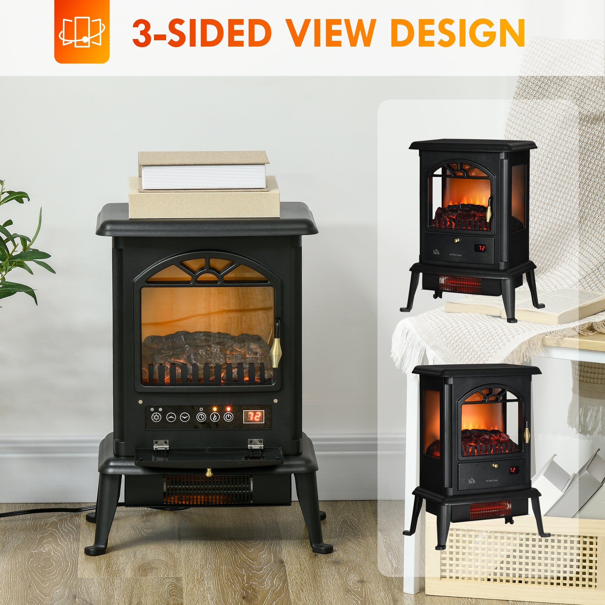 23" Electric Infrared Fireplace Stove, Freestanding Fire Place Heater with Realistic Log Flame, Timer, Black