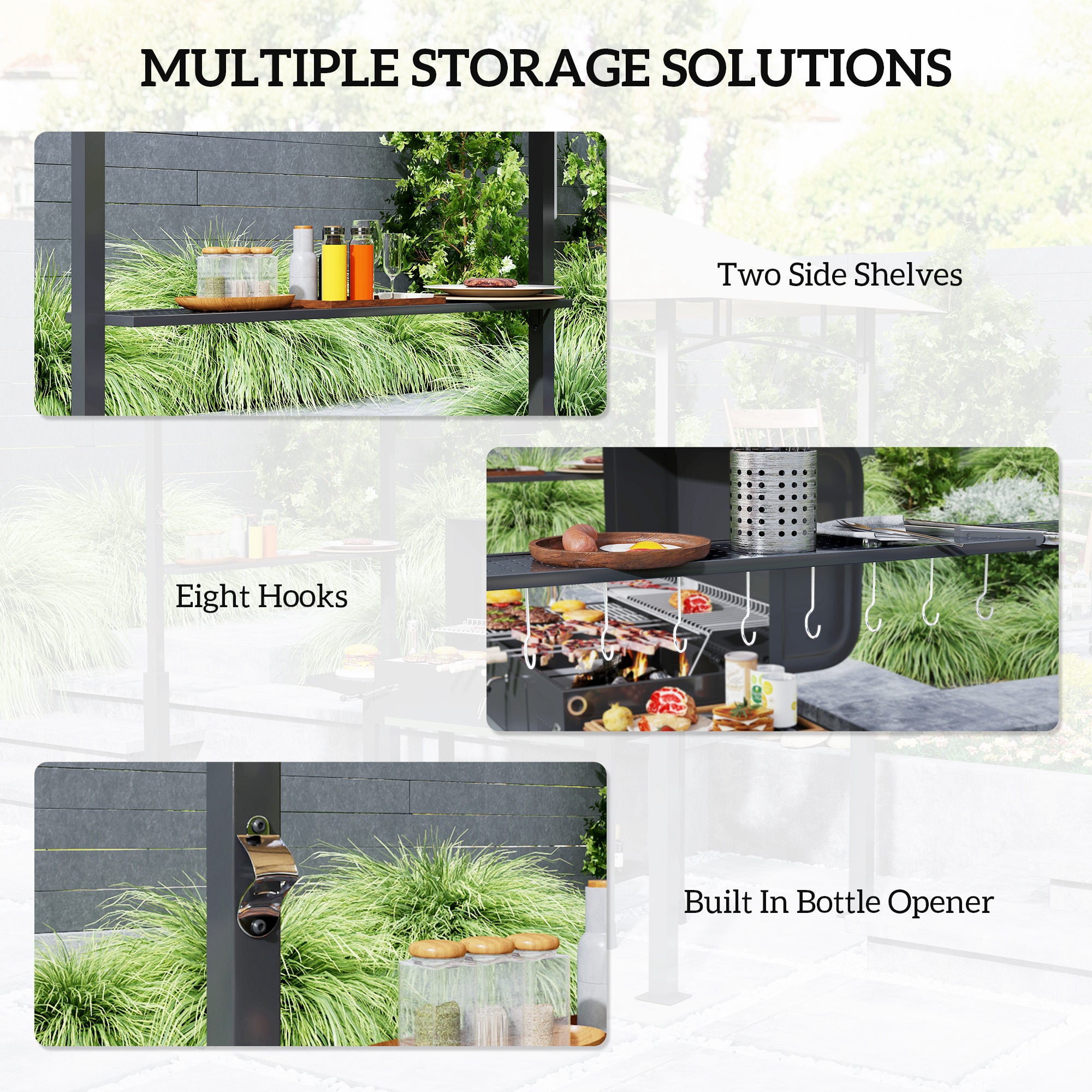 8' x 5' Outdoor Grill Gazebo, Barbecue Gazebo Shelter with LED Light, 2 Side Shelves, Hooks, Bottle Opener, Khaki