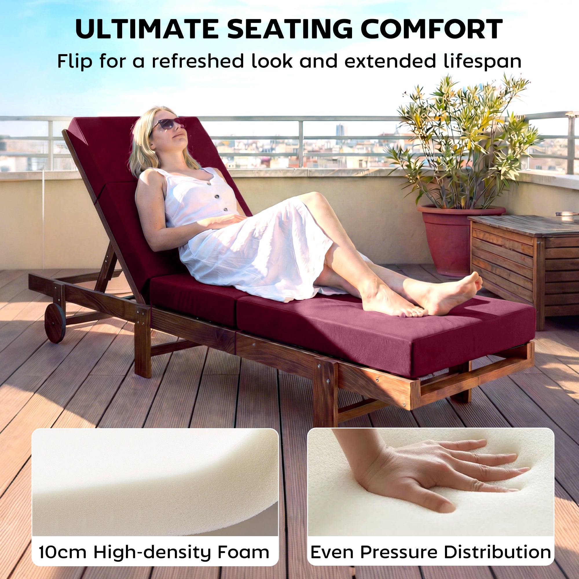 Chaise Lounge Cushion, 4" Thick Outdoor Lounge Chair Cushion with Ties for Patio, 21" x 72", Red