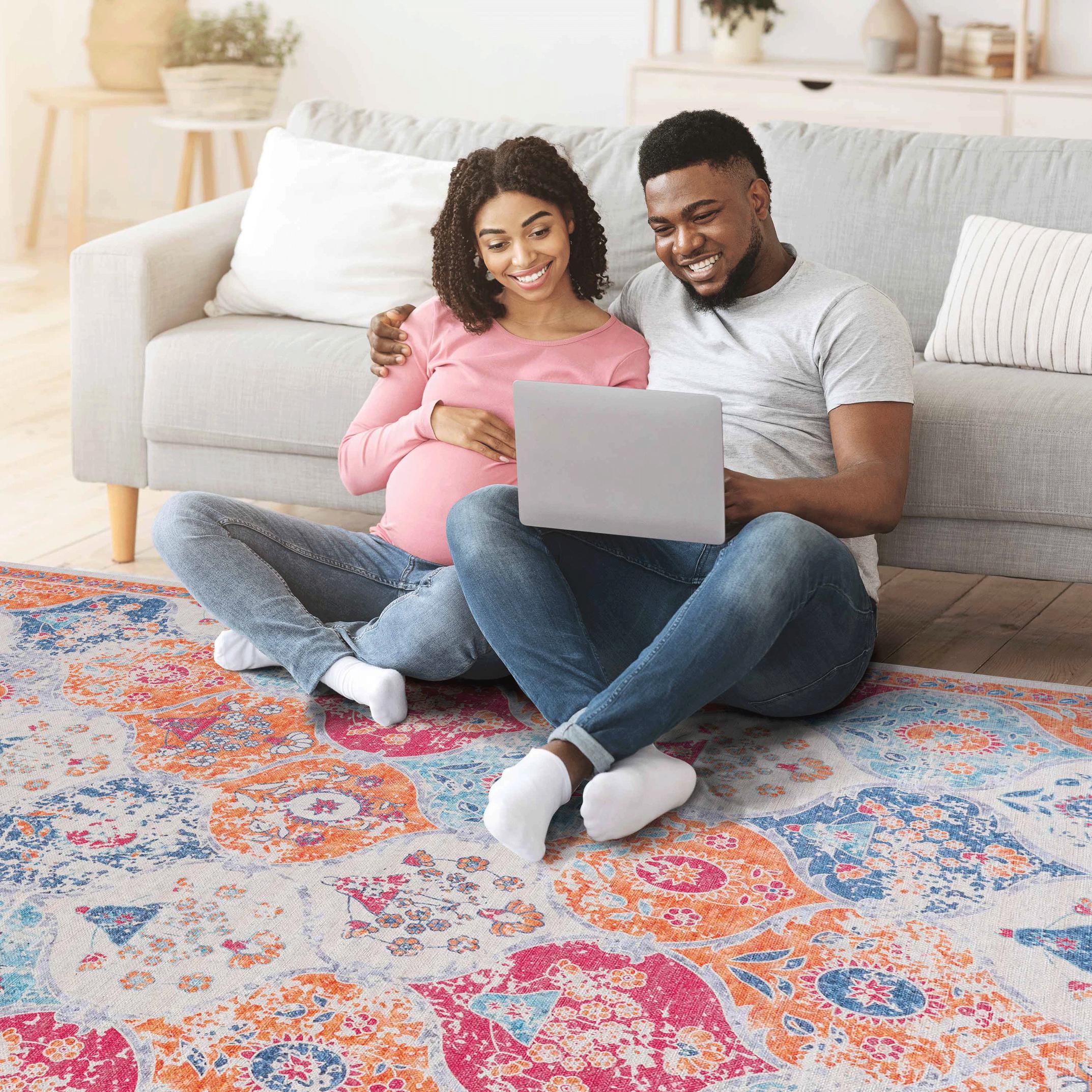 8x10 Cream Washable Low-Pile Non-Slip Area Rug, Non-Shedding, Kid and Pet Friendly for Living Room, Bedroom, Kitchen, Dining Room, Red
