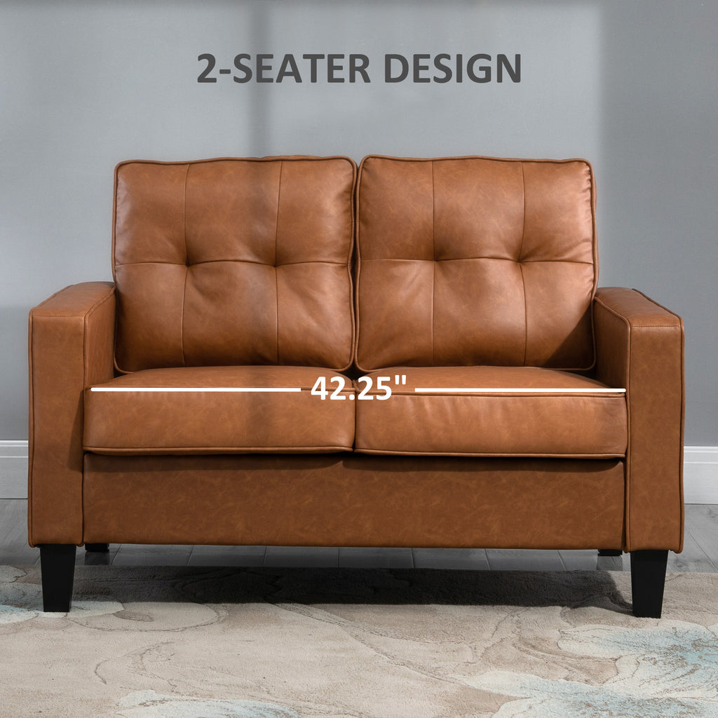 51" Wide Loveseat with Armrest, 2-Seater Tufted PU Leather Double Sofa, Brown