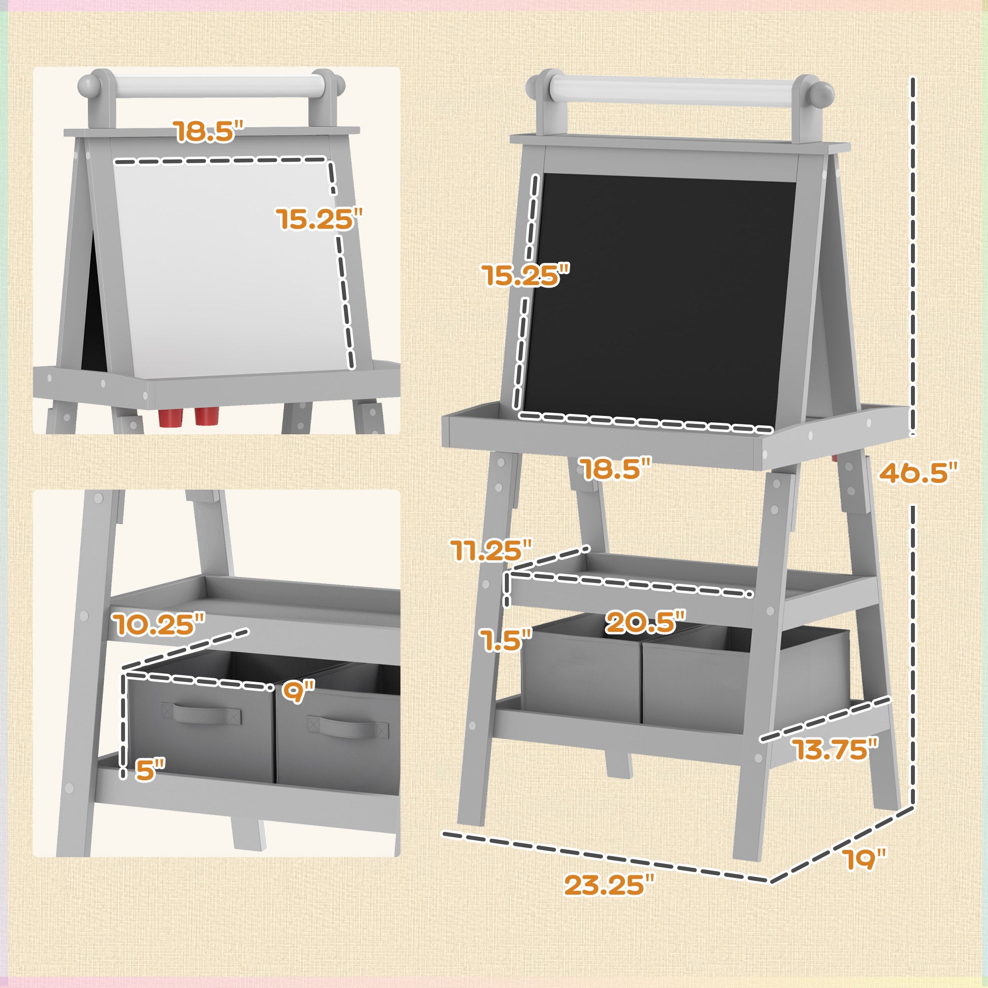 Double Sided Easel for Kids, Standing Toddler Easel with Paper Roll, Magnetic Whiteboard, Chalkboard & Storage, Gray
