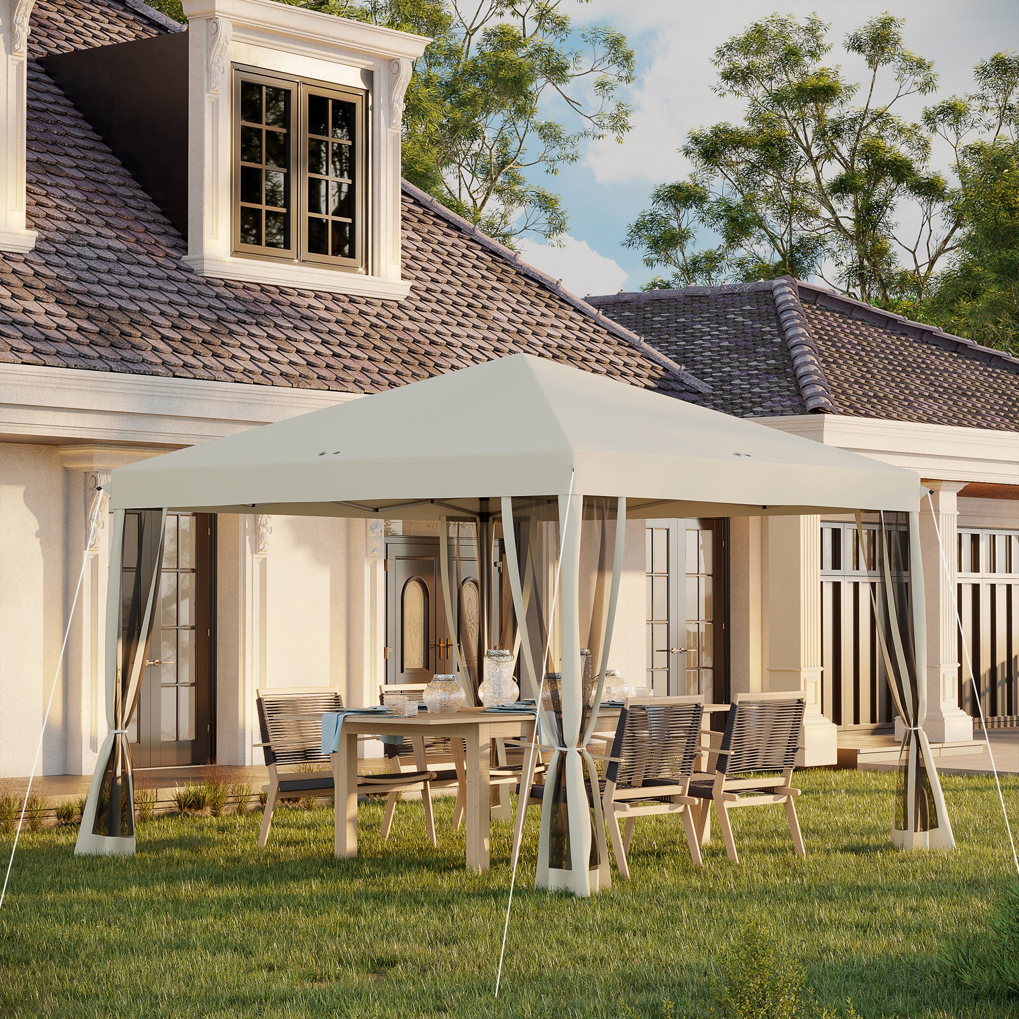 10' x 10' Pop Up Canopy Tent with Netting, Instant Gazebo, Screen House Room with Carry Bag, Height Adjustable, for Outdoor, Garden, Patio, Camping, Beige