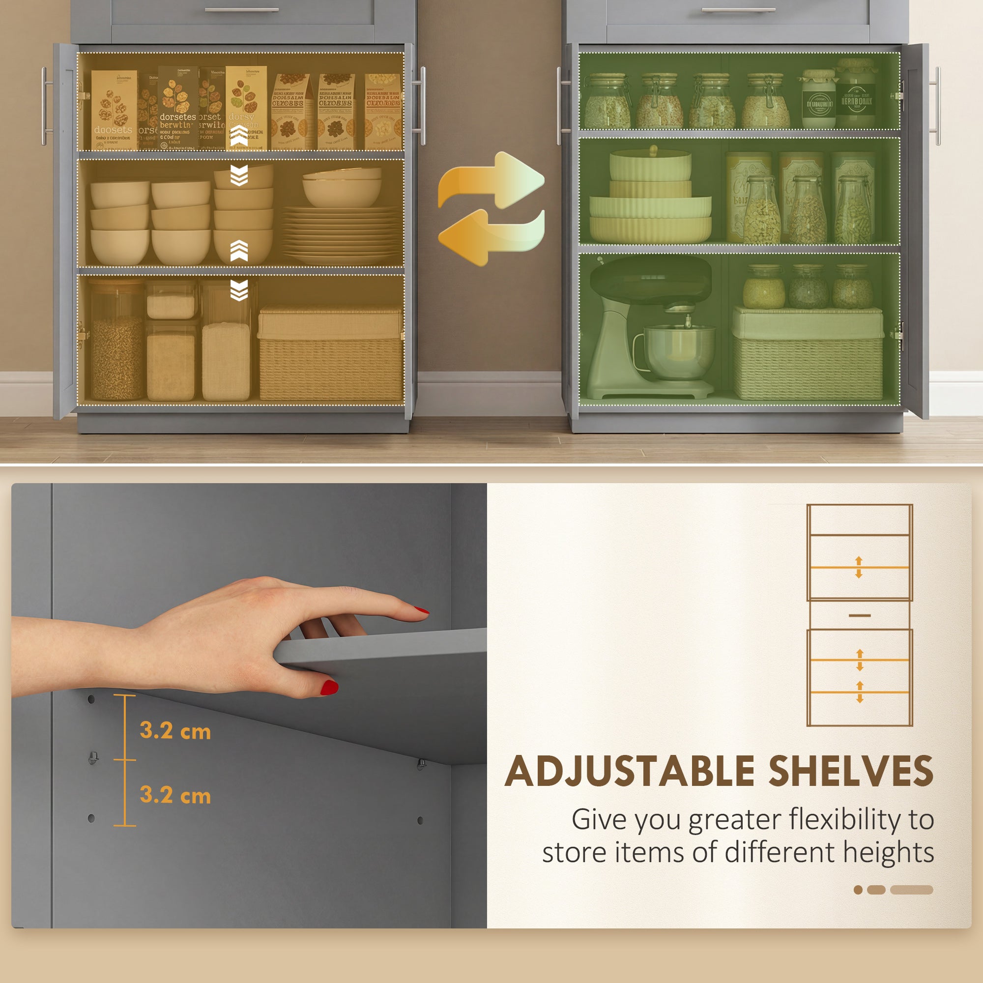 Modern Kitchen Pantry Freestanding Cabinet Cupboard with Doors and Drawer, Adjustable Shelving, Gray