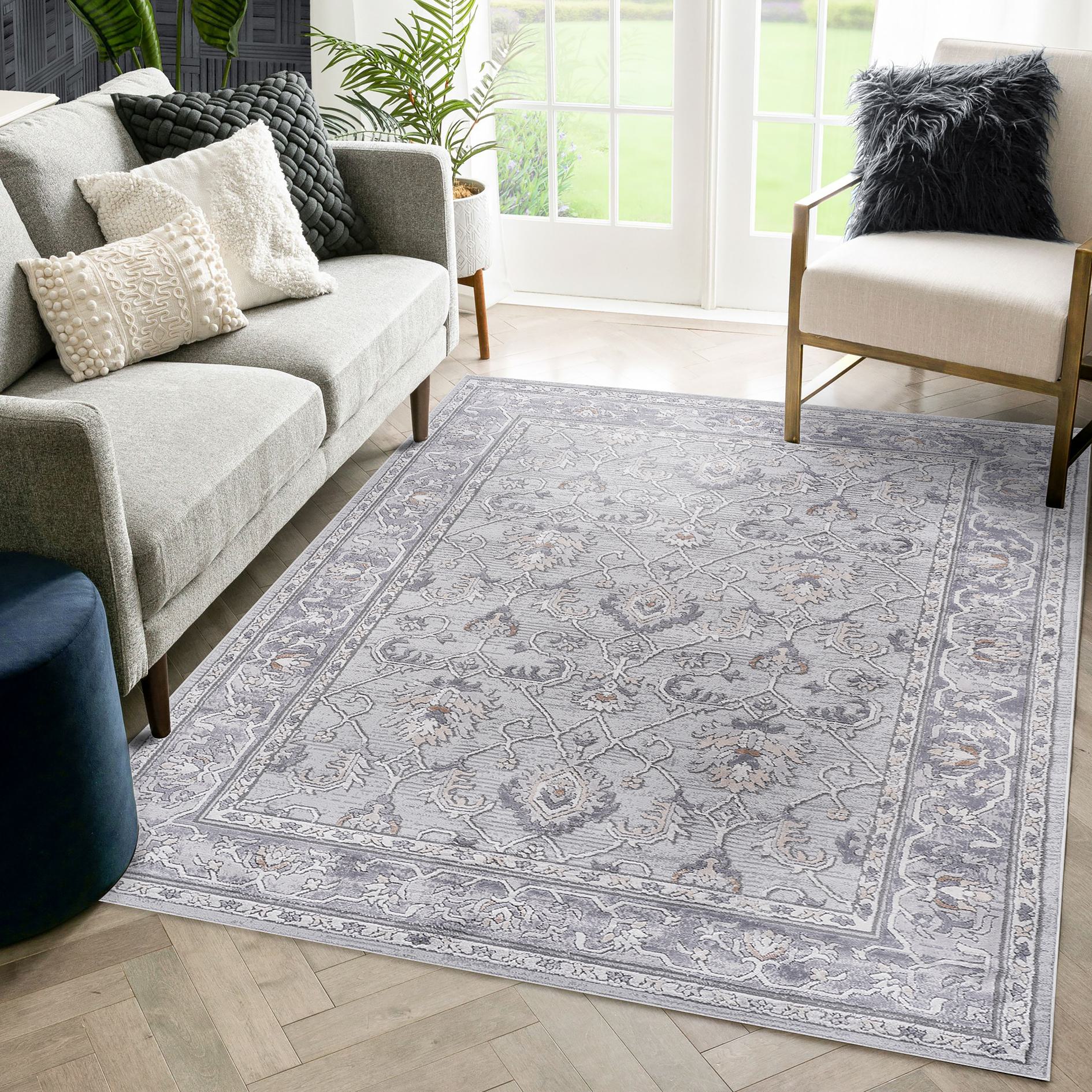 Naar 5x7 Oriental Stain-Resistant Area Rug with Cotton Backing, Carpet for Living Room, Bedroom, Home Office, 90" L x 63" W x 0.35" H, Ivory+Gray