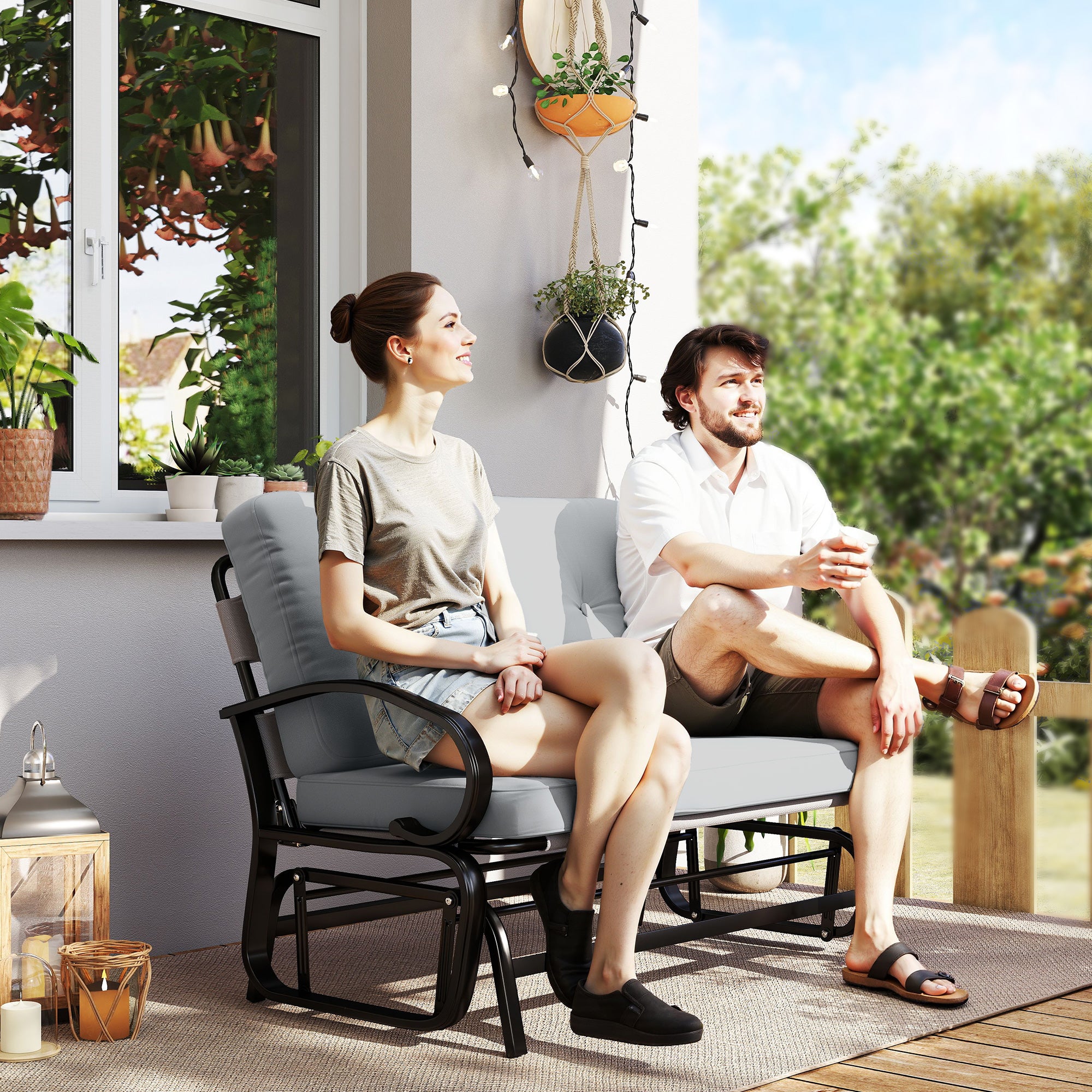 Outdoor Glider Bench, 2-Person Patio Rocker Loveseat with Tufted Cushions, Steel Frame for Porch, Garden Backyard, Gray