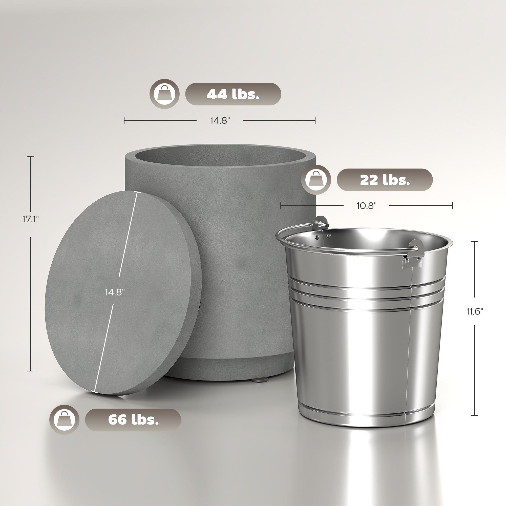 2.6 Gal Outdoor Side Table, 3-In-1 Concrete Cooler Bar Table with Storage, Removable Ice Bucket and Lid, Gray