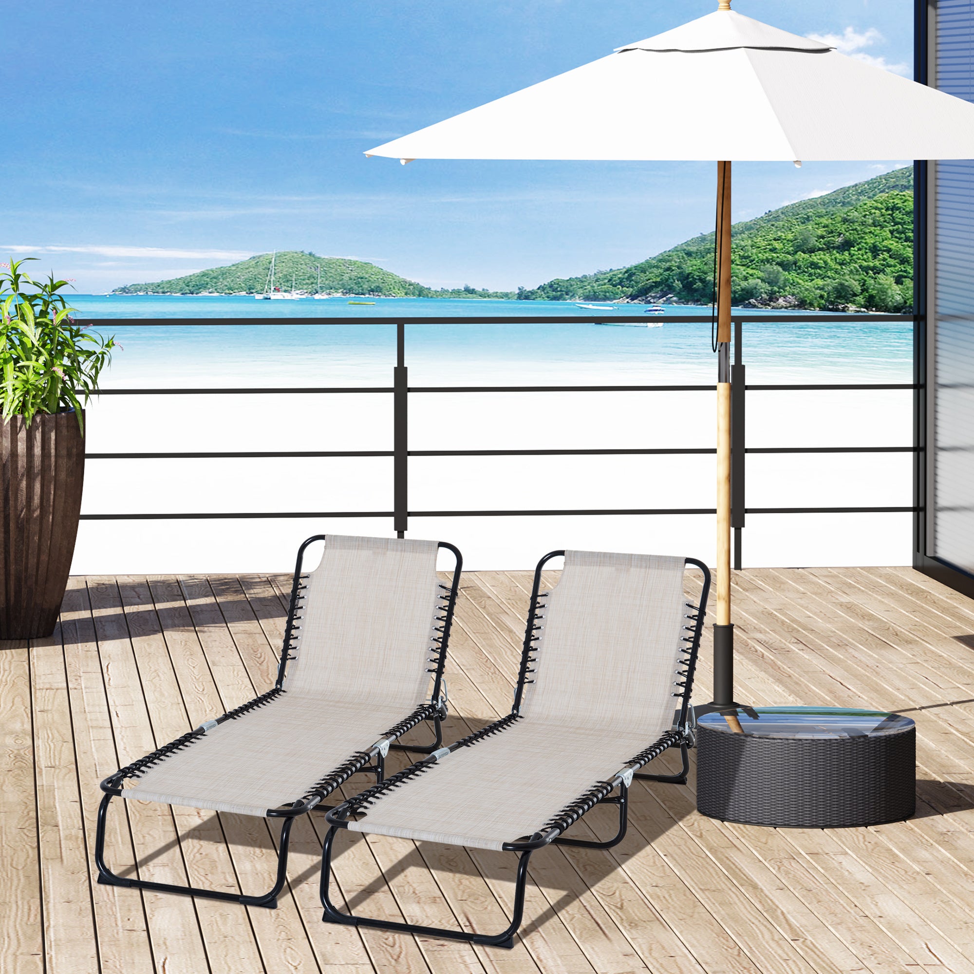 Set of 2 Folding Chaise Lounge Chairs, Outdoor Sun Tanning Chairs with Reclining Back, Cream White
