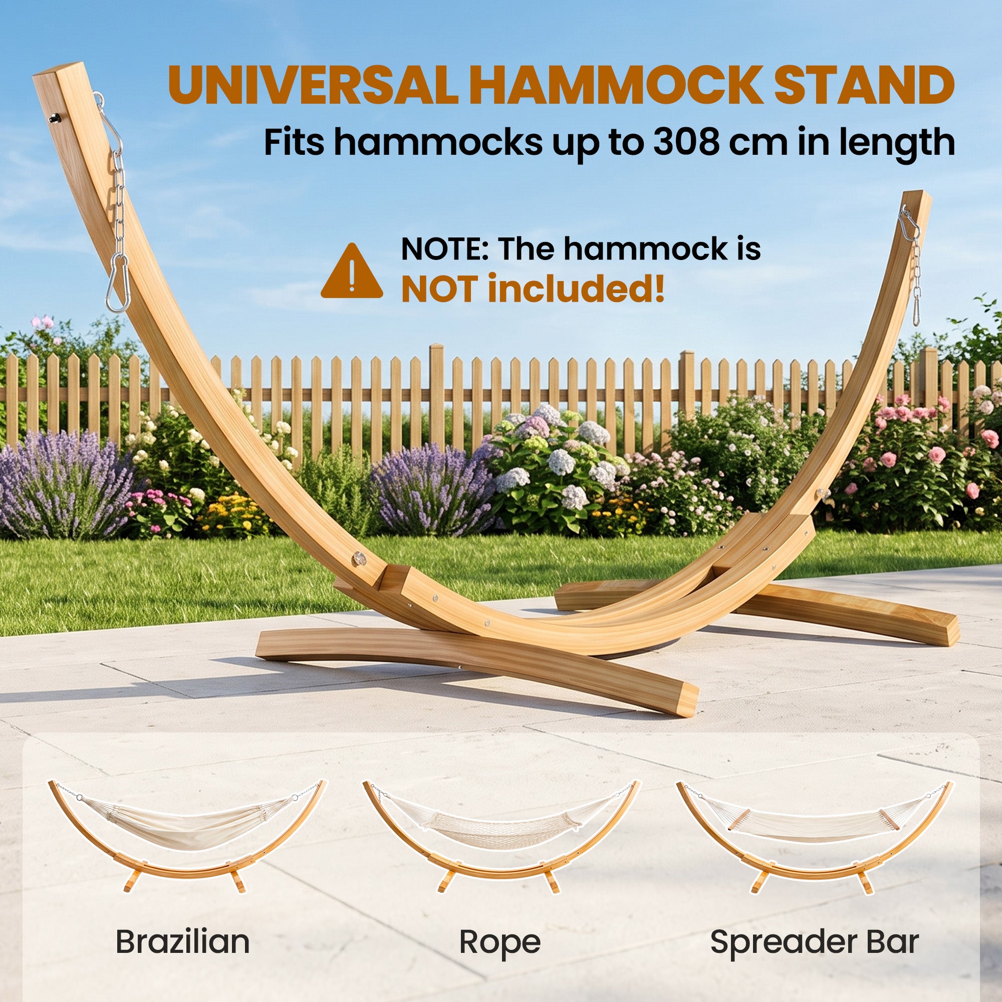 10.6' Wooden Hammock Stand Only, Universal Hammock Frame for Single Bed, Garden Picnic Camp Accessories, 264lbs, Natural