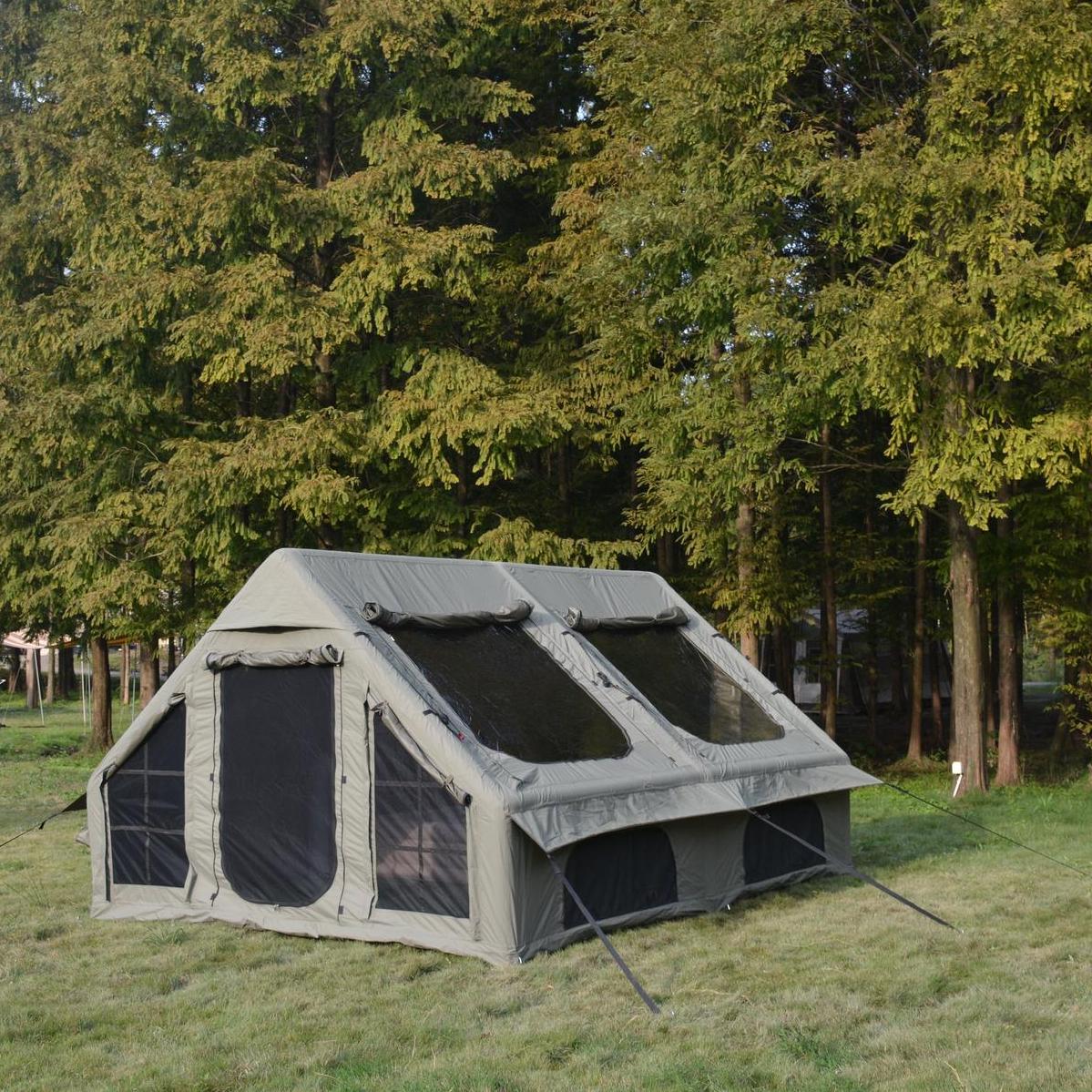Inflatable Camping Tent with Hand Pump, Mesh and Chimney Window, Windproof Oxford Cabin Tent, 157.5" L x 118" W x 79" H, Army Green
