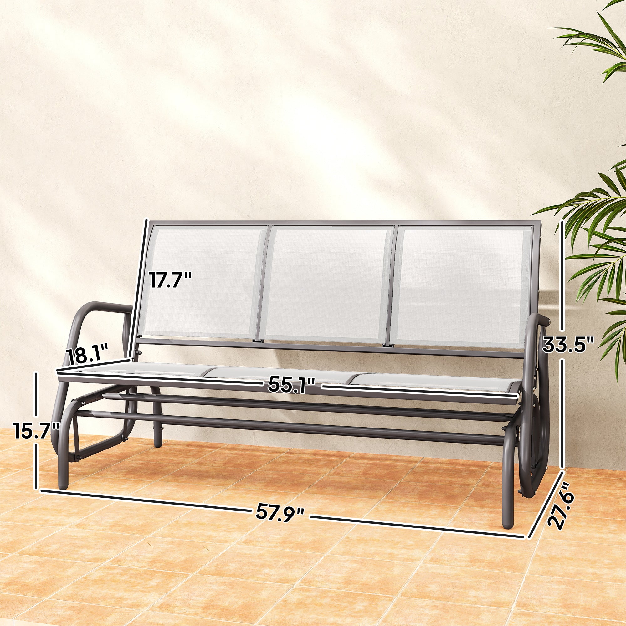 3-Person Outdoor Patio Glider Bench, Porch Glider Swing with 3 Seats, Breathable Mesh Fabric, Metal Frame, Cream White