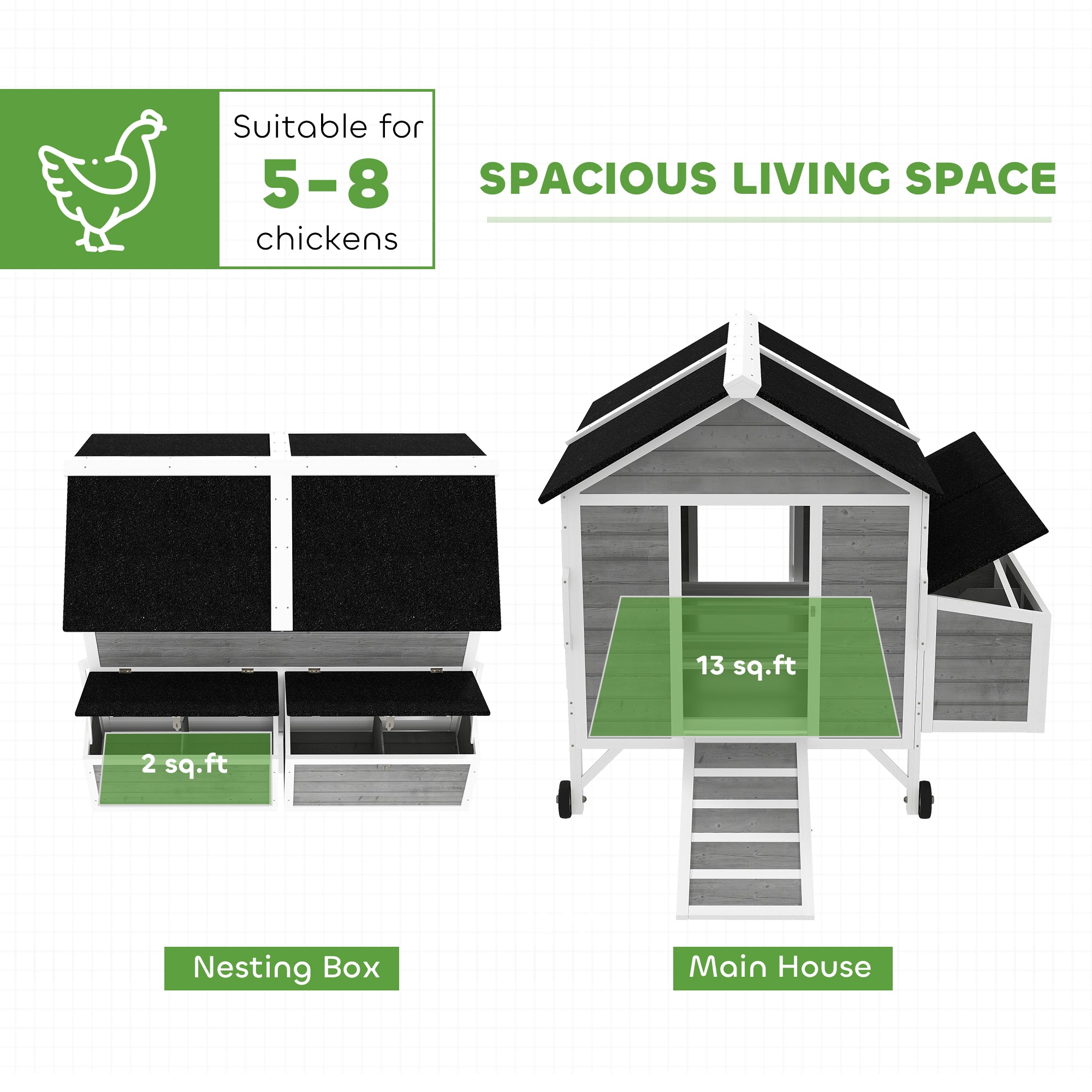 59" Wooden Chicken Coop w/ Wheels, Handles, 2 Nesting Boxes, 2 Trays, 4 Perches, Chicken Tractor for 4-6 Chickens, Gray