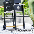 Charcoal BBQ Grill, Outdoor Portable Cooker for Camping or Backyard Picnic, Barbecue Grill with Side Table, Bottom Storage Shelf, Wheels and Handle, Black