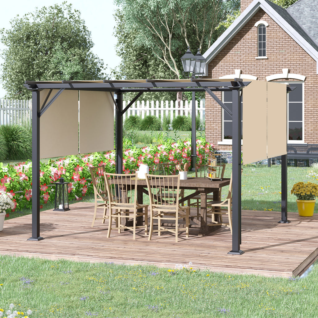 12' x 10' Outdoor Retractable Pergola Canopy with Sun Shade Unique Design Canopy Patio Metal Shelter for Garden Porch Beach, Beige