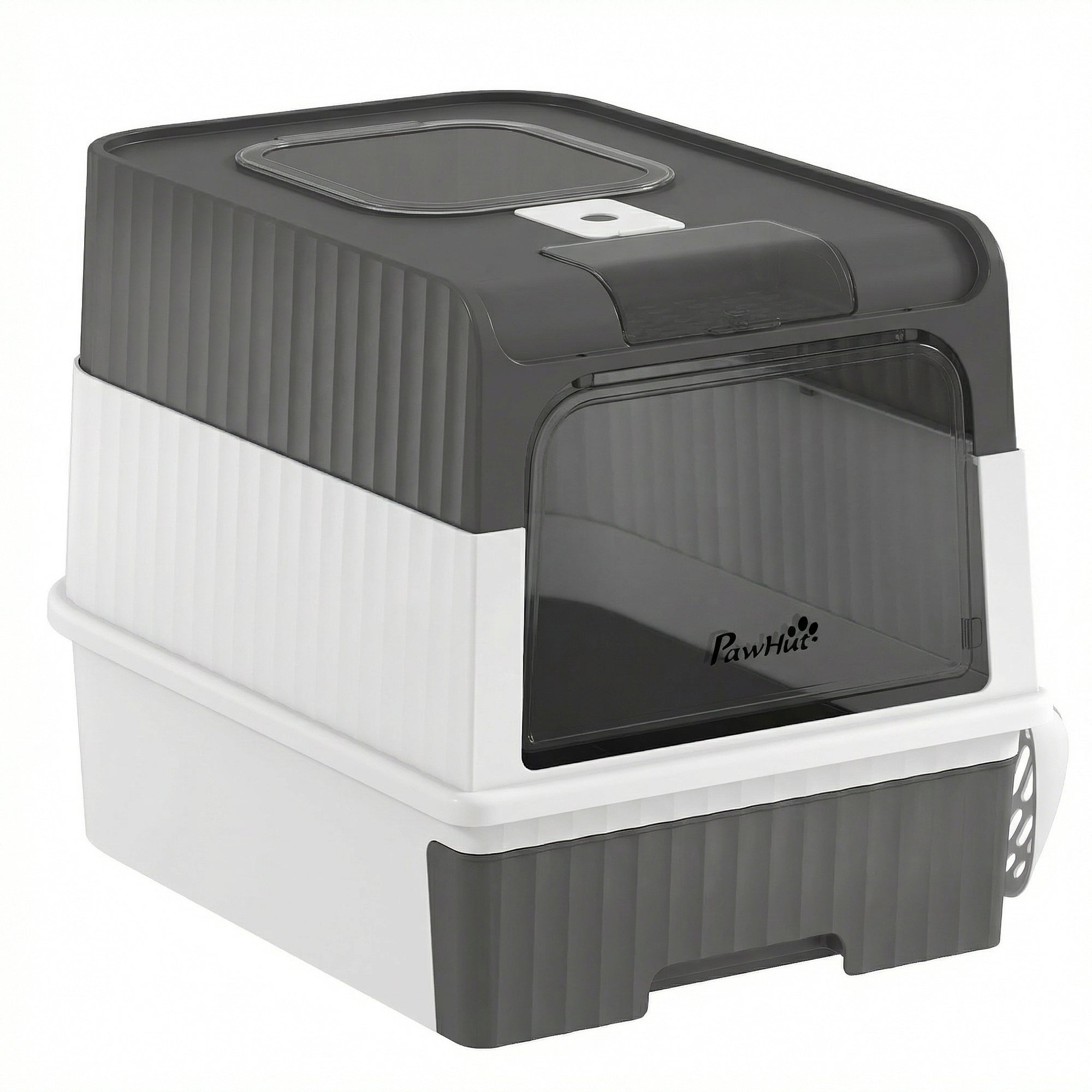 Cat Litter Box Hooded Cat Litter Tray with Drawer Pan Front Entry & Top Exit Easy Cleaning Gray