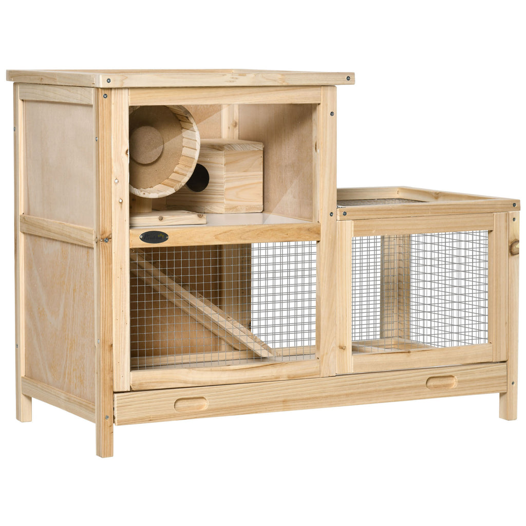 2-Tier Wooden Hamster Cage, Small Animals Hutch, w/ Seesaw, Tray