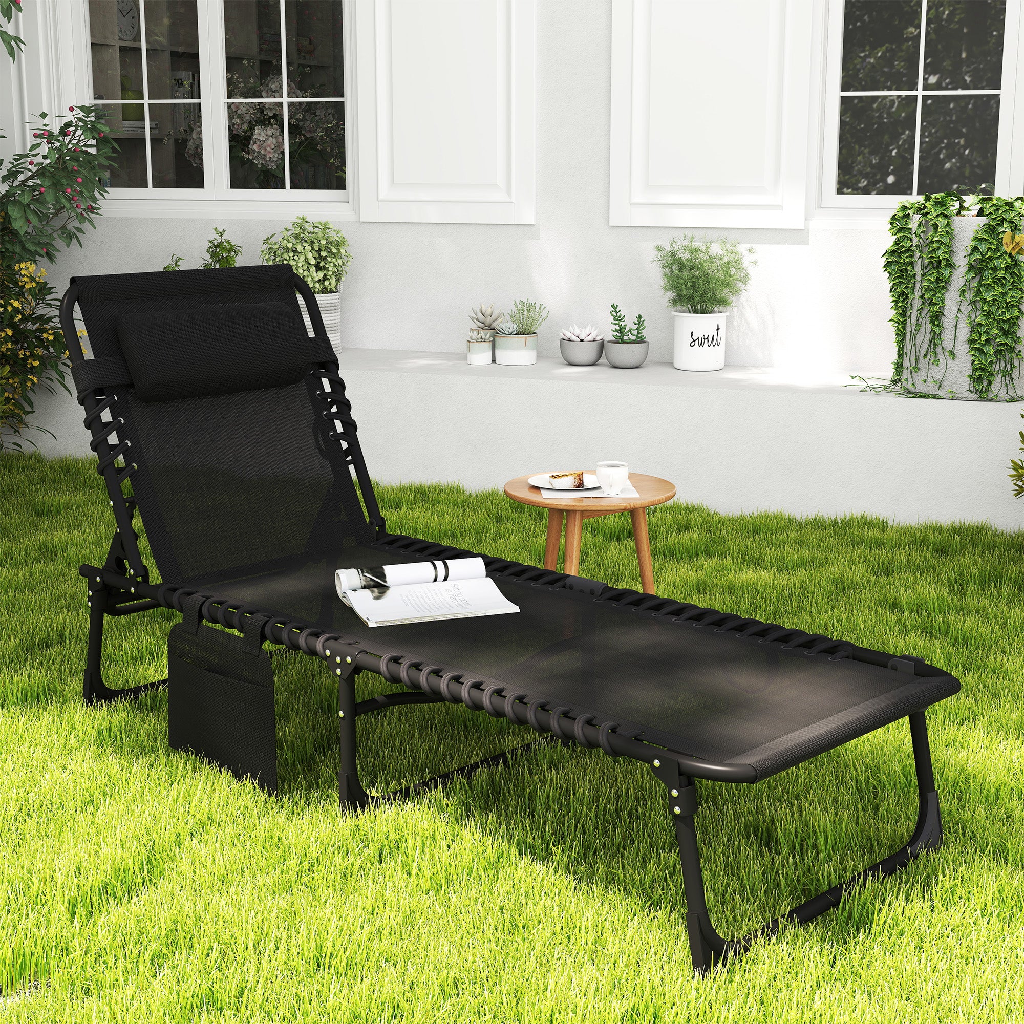 Reclining Chaise Lounge Chair, Portable Sun Lounger, Folding Camping Cot with Adjustable Backrest and Removable Pillow, for Patio, Garden, Beach, Black