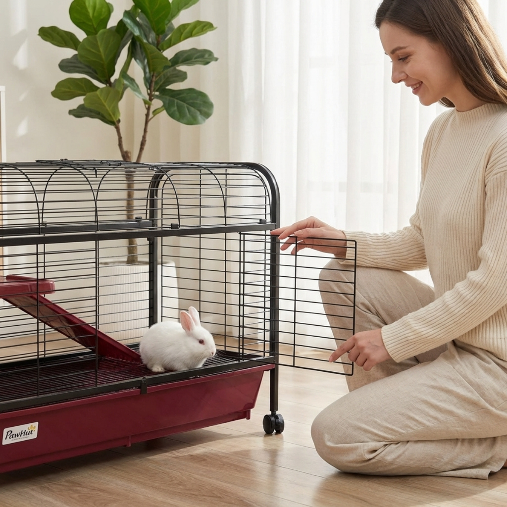 41"L Small Animal Cage, Pet Play House for Rabbit Hutch Ferret with Feeder, Rolling Wheels, Platform, Ramp
