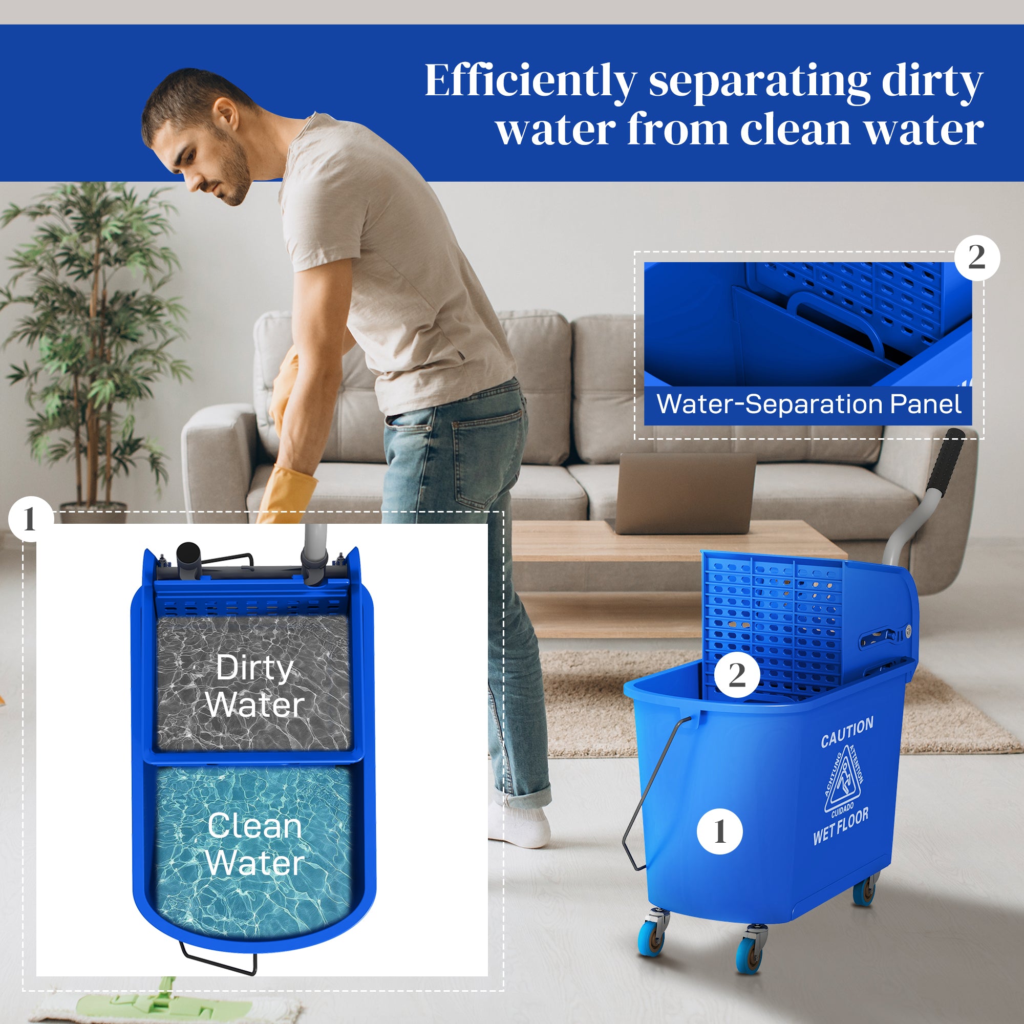 Compact Mop Bucket with Wringer, Mop Bucket on Wheels for Floor Cleaning, 21 Quart, Separate Dirty and Clean Water, Blue