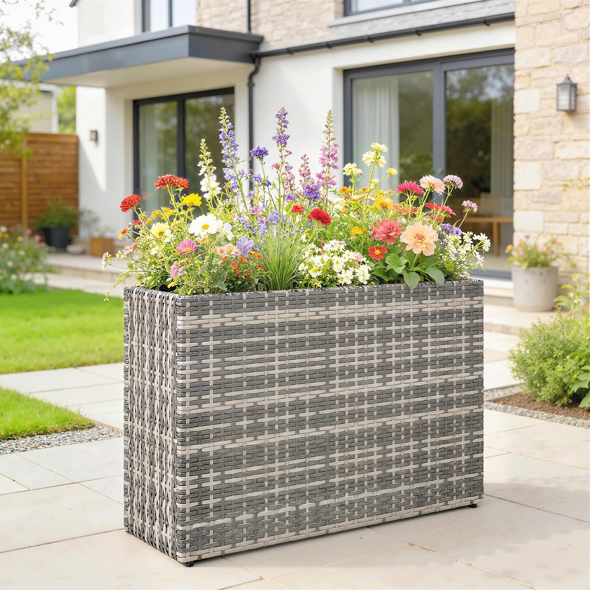 Tall Rectangular Planter with Removable Liner, Holes, PE Wicker Large Planter Box for Indoor Outdoor Plants, Gray