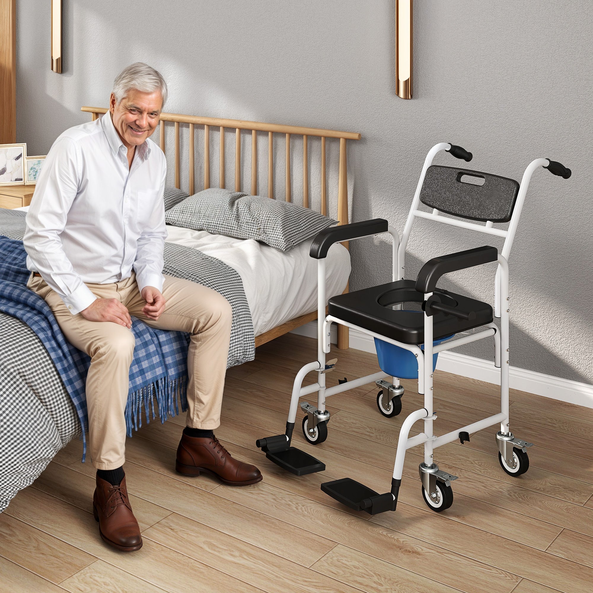 Rolling Shower Wheelchair for Seniors, Bedside Commode Chair with Locking Wheels, Seat, Backrest, Arms, Black