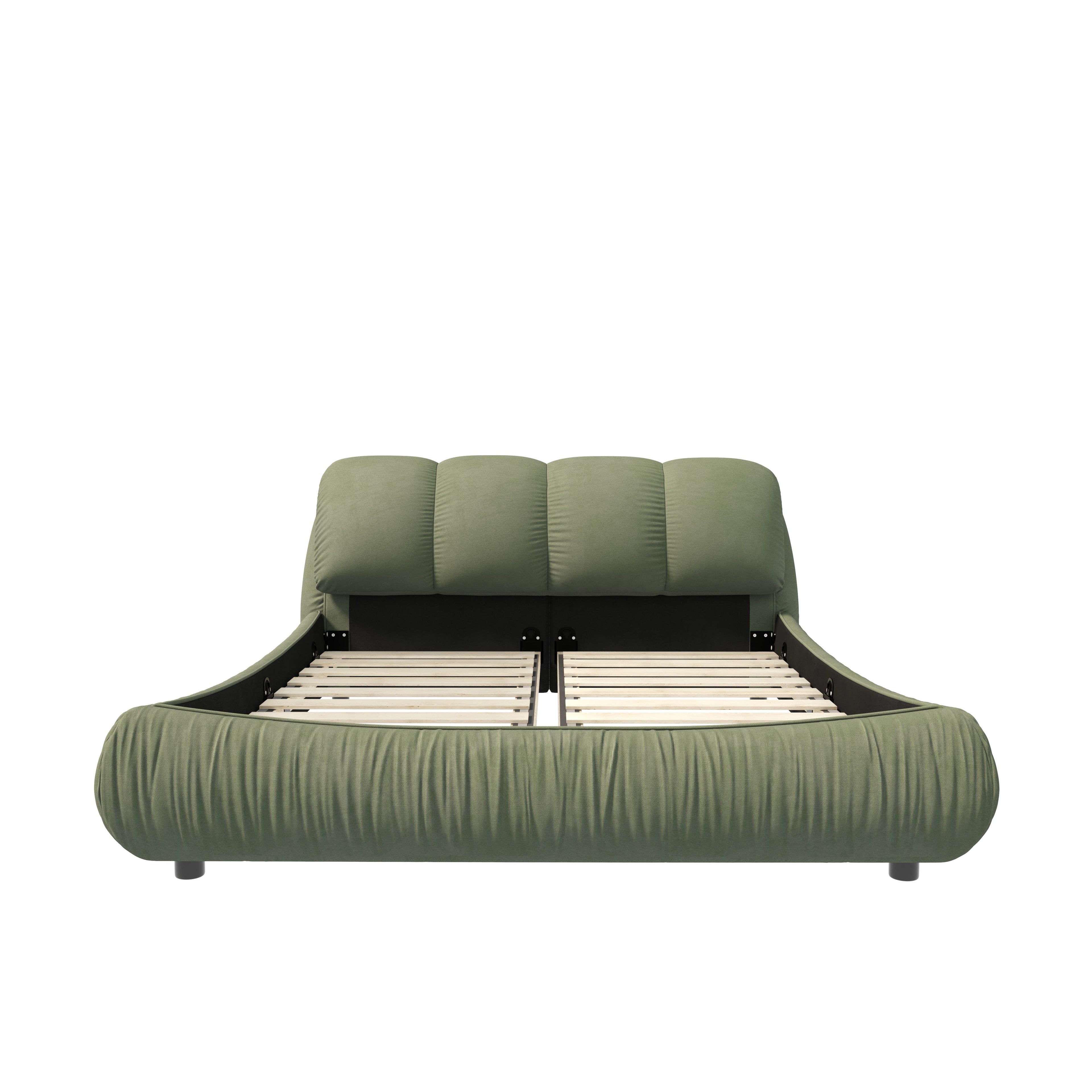 King Size Upholstered Bed with Oversized Padded Backrest, Solid Wood Frame, Adjustable Mattress Heights, 96.5" L x 86" W x 43.5" H, Green