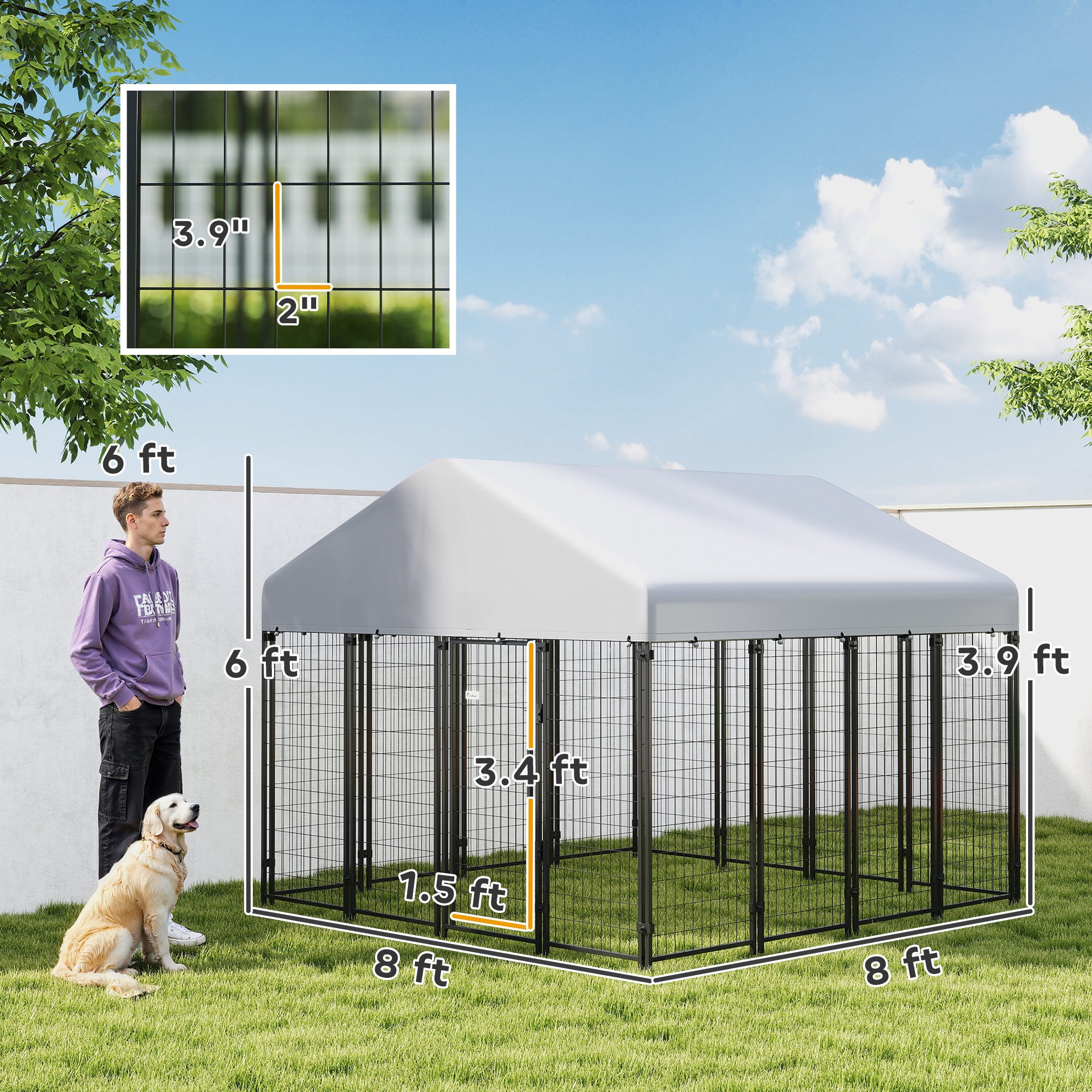 Outdoor Dog Kennel with Roof, 8' x 8' x 6' Heavy Duty Welded Wire Dog Playpen Enclosure with Escape-proof Lock