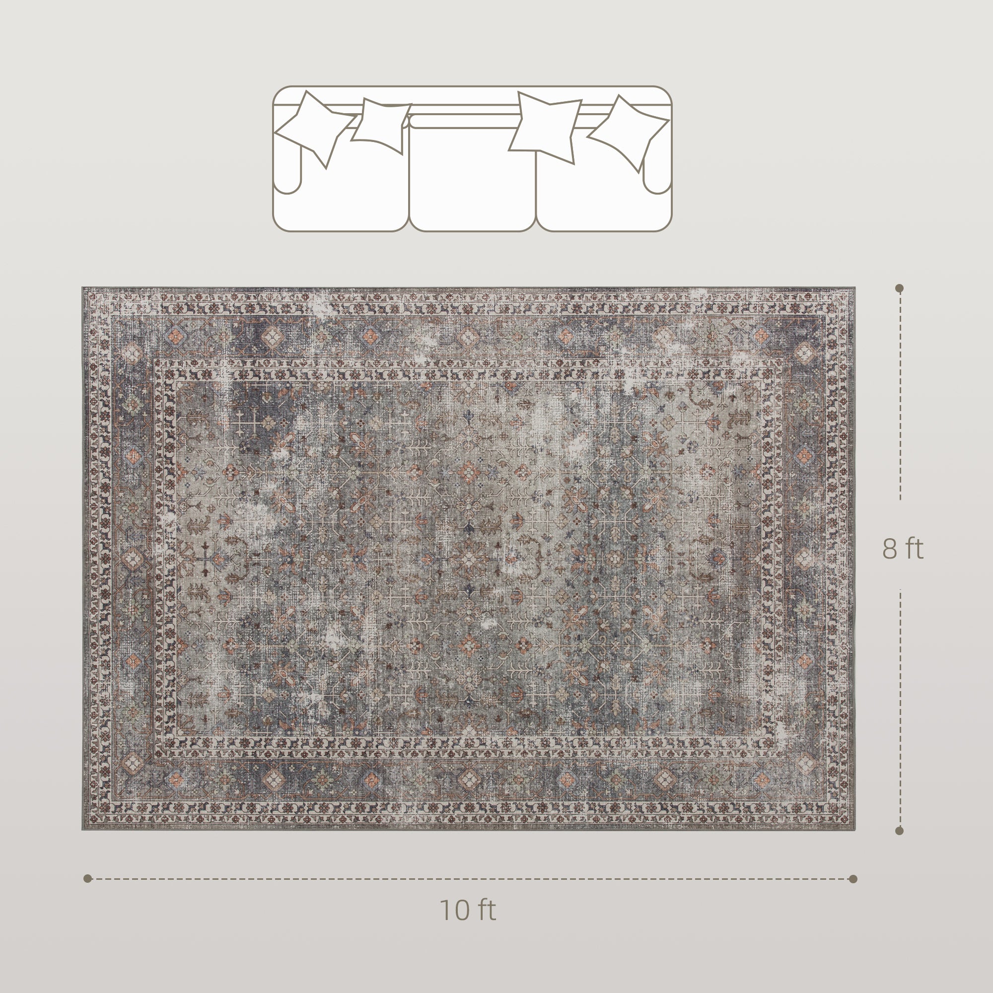 Machine Washable Area Rug 8x10, Non-Slip Traditional Floor Cover Foldable Carpet for Living Room, Dark Mixed-Brown