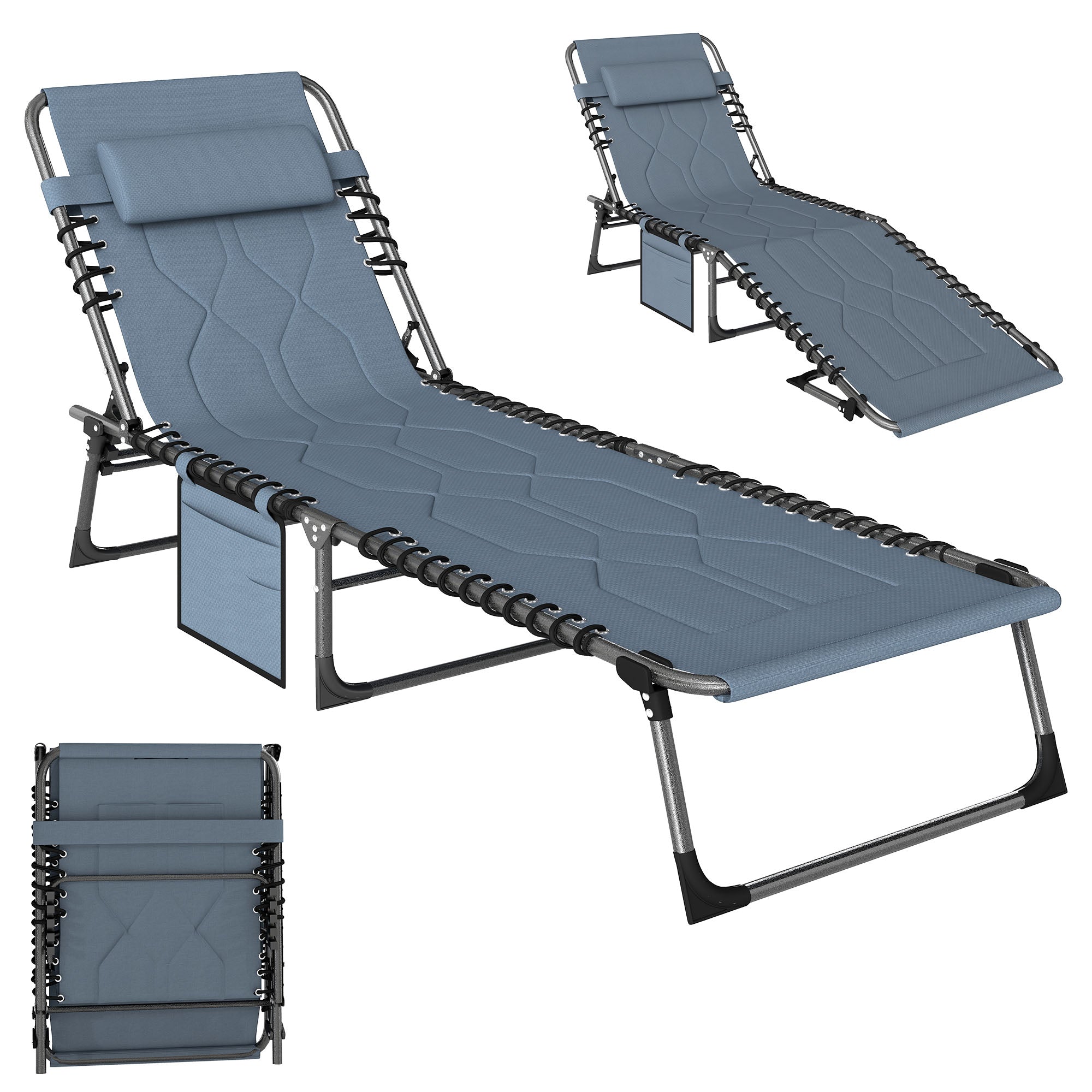 Padded Folding Chaise Lounge Chair, Outdoor 6-Level Reclining Camping Tanning Chair with Headrest for Beach, Yard, Patio, Pool, Gray