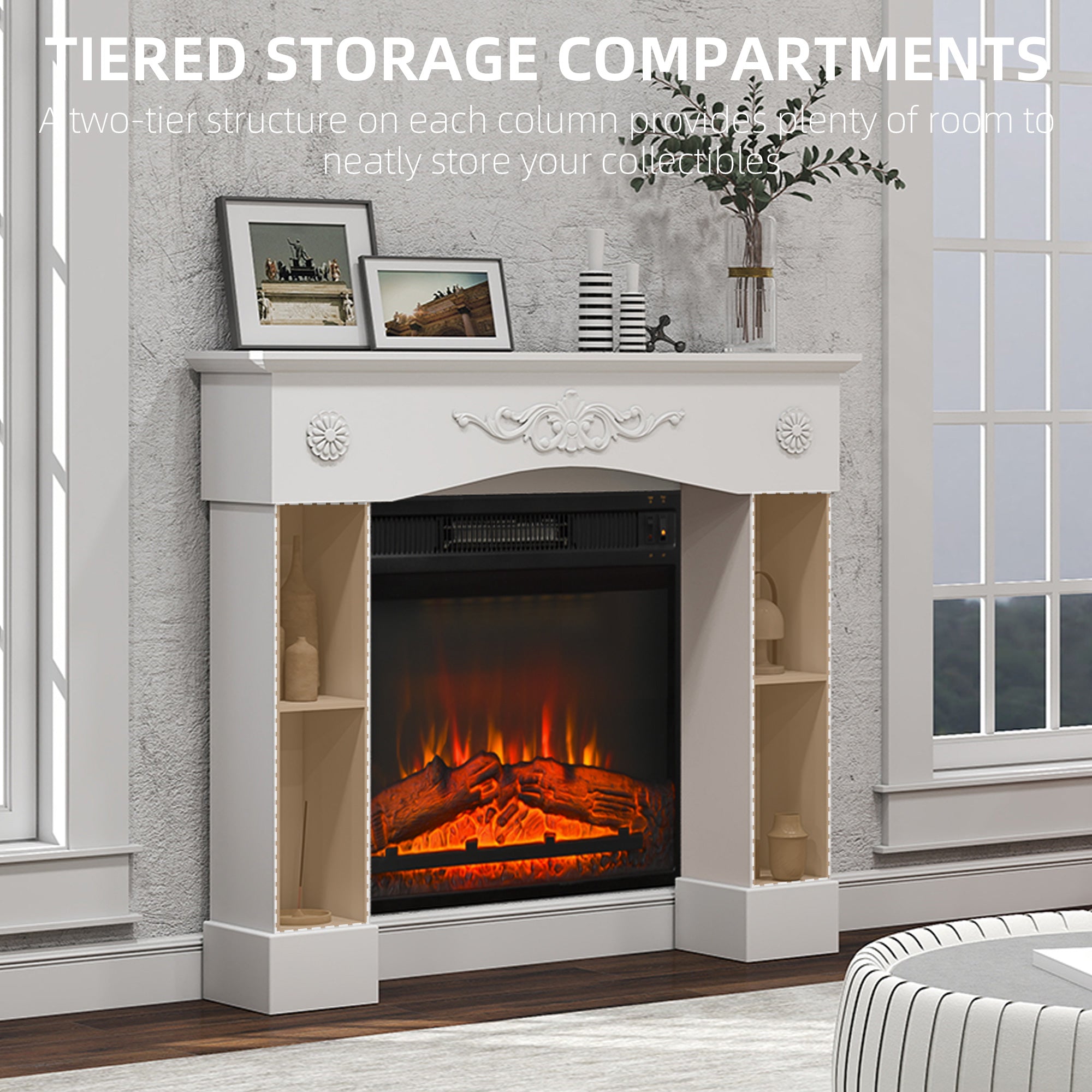 Baroque Fireplace Mantel, Freestanding Fireplace Surround with Leg for Electric Fireplaces, 45.3" W x 39.4" H, White