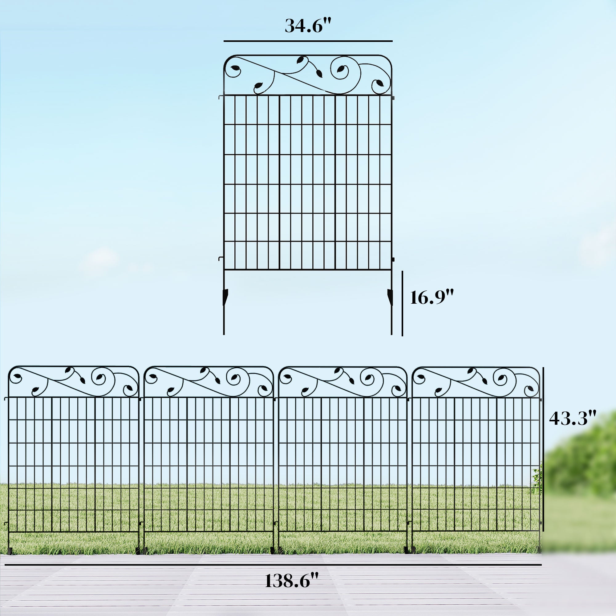 Garden Fence, 4 Pack Steel Fence Panels, 11.5' L x 43" H, Rust-Resistant Decorative Border Flower Edging for Yard, Landscape, Patio, Outdoor Decor, Square Vines
