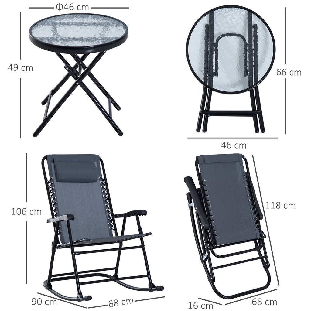 Outdoor Folding Rocking Chair Patio Table Seating Set, 2 Rocking Chairs with Armrests and 1 Side Table with Tempered Glass - Gray
