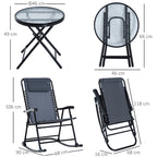 Outdoor Folding Rocking Chair Patio Table Seating Set, 2 Rocking Chairs with Armrests and 1 Side Table with Tempered Glass - Gray