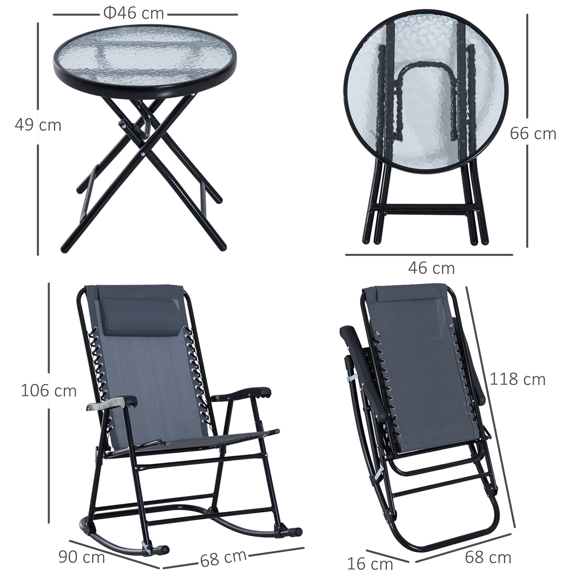 Outdoor Folding Rocking Chair Patio Table Seating Set, 2 Rocking Chairs with Armrests and 1 Side Table with Tempered Glass - Gray