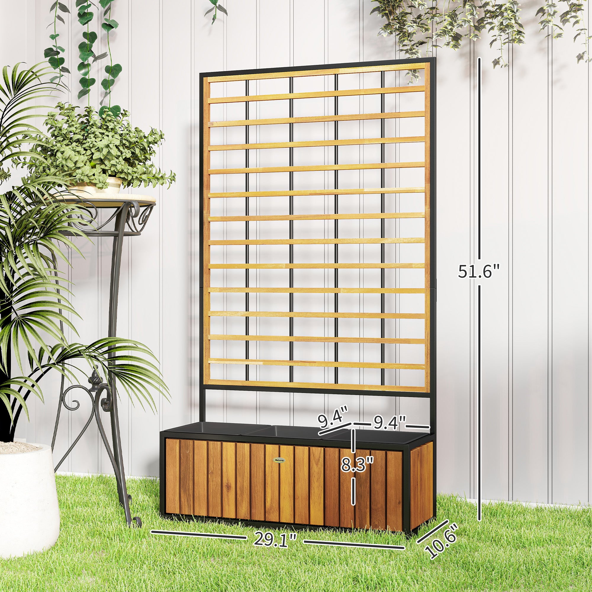 Wooden Raised Garden Bed with Trellis, Removable Pots for Backyard, Patio, Balcony, 29" x 11" x 52", Teak
