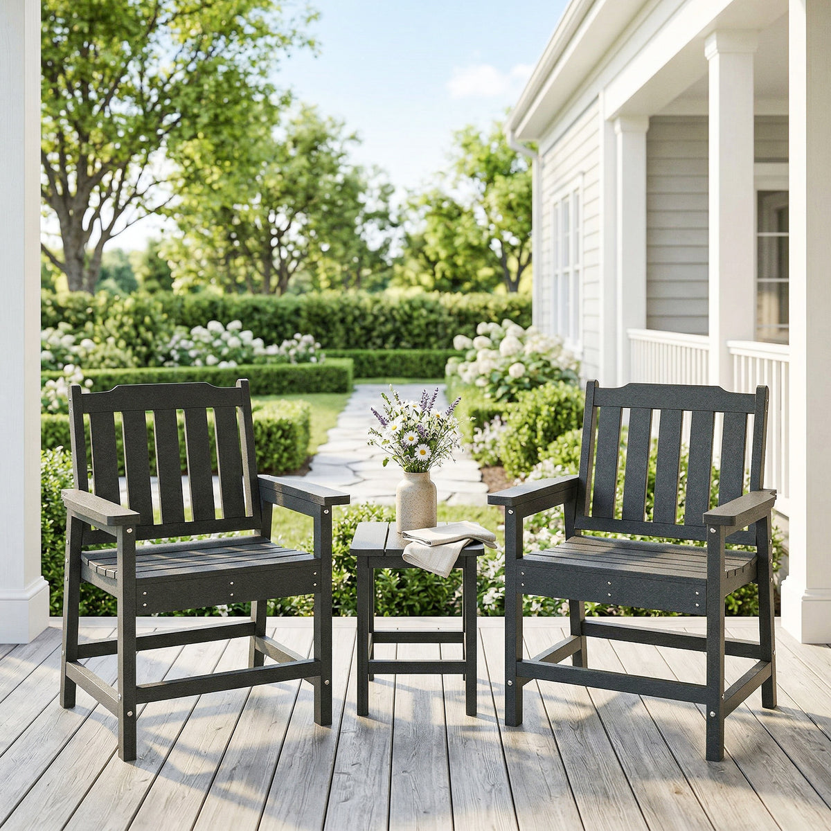 2 Piece All-Weather Patio Chairs, HDPE Patio Dining Chair Set, Heavy Duty Wood-Like Outdoor Furniture, Gray