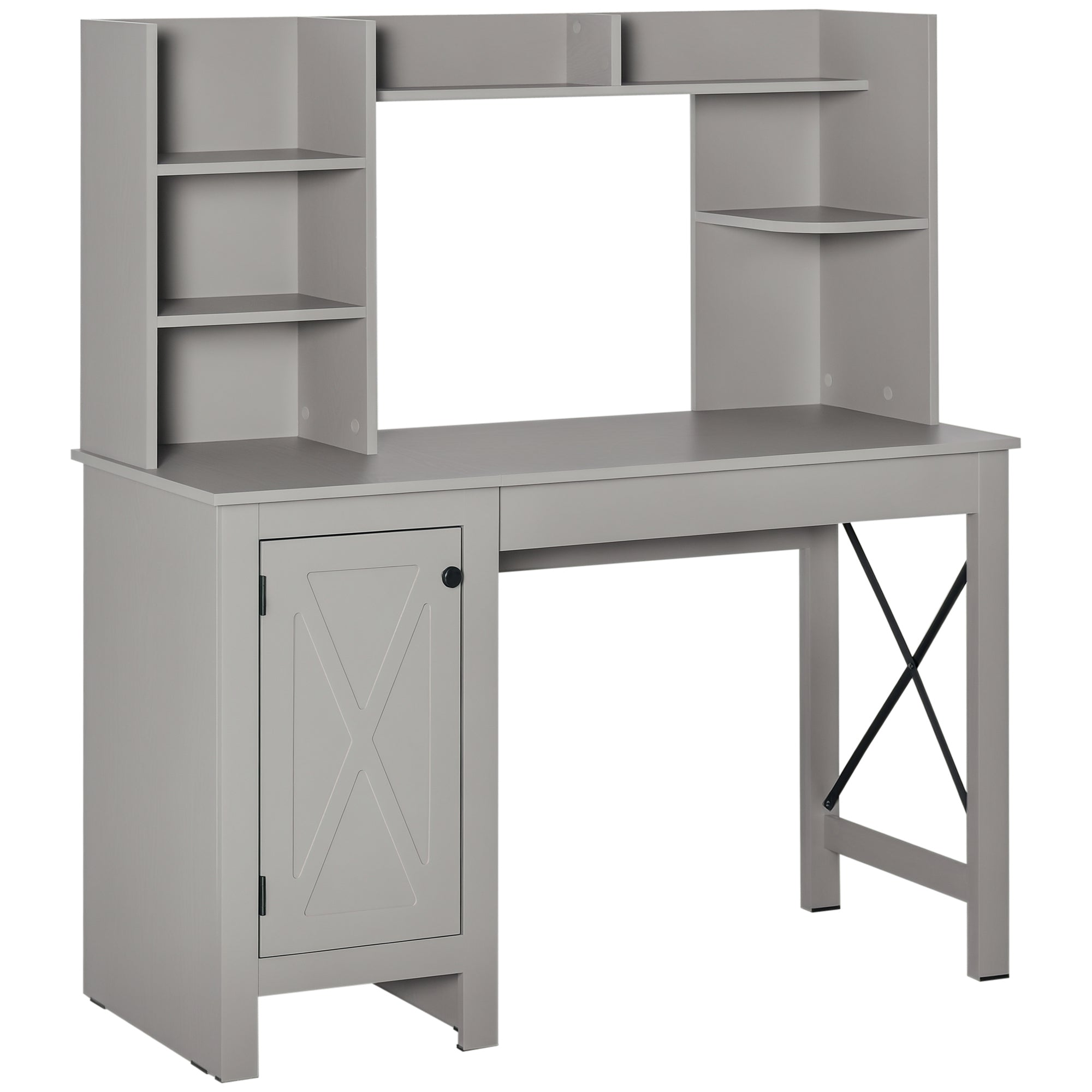 Computer Desk W/ Hutch, Home Office Desk W/ Storage Cabinet, Light Grey