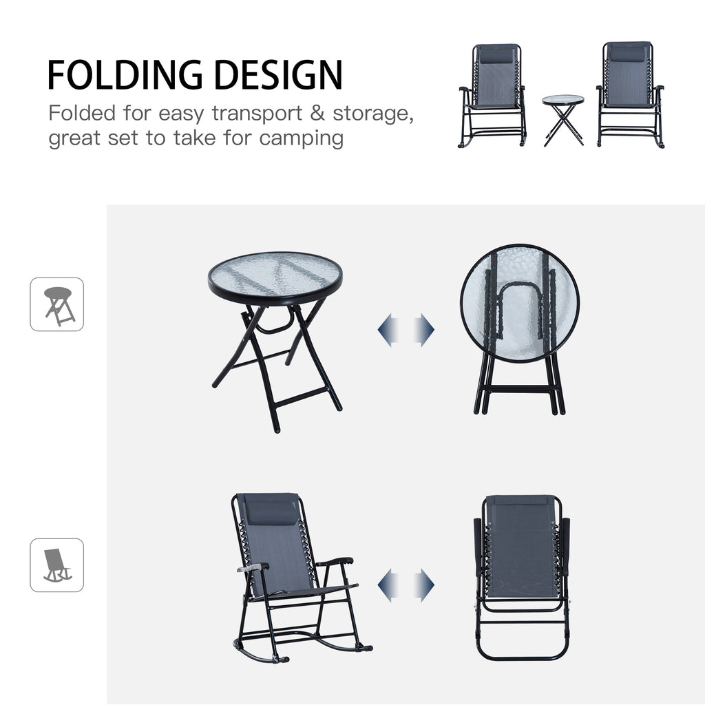Outdoor Folding Rocking Chair Patio Table Seating Set, 2 Rocking Chairs with Armrests and 1 Side Table with Tempered Glass - Gray
