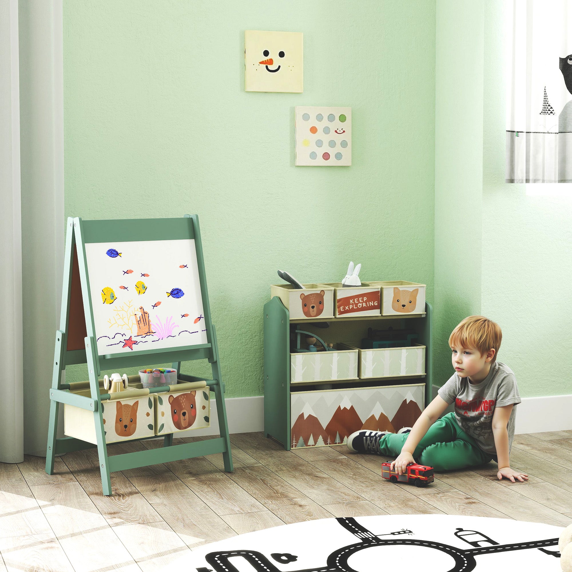 Kids Toy Organizer and Kids Easel Set with 6 Storage Bins, Paper Roll, Blackboard, Whiteboard, for Ages 3-8 Years, Green