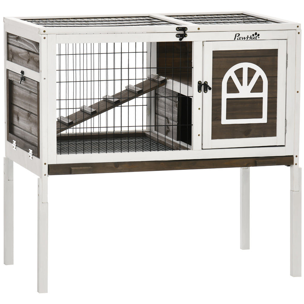 Wood Rabbit Hutch, Elevated Guinea Pig Cage with Run, Coffee