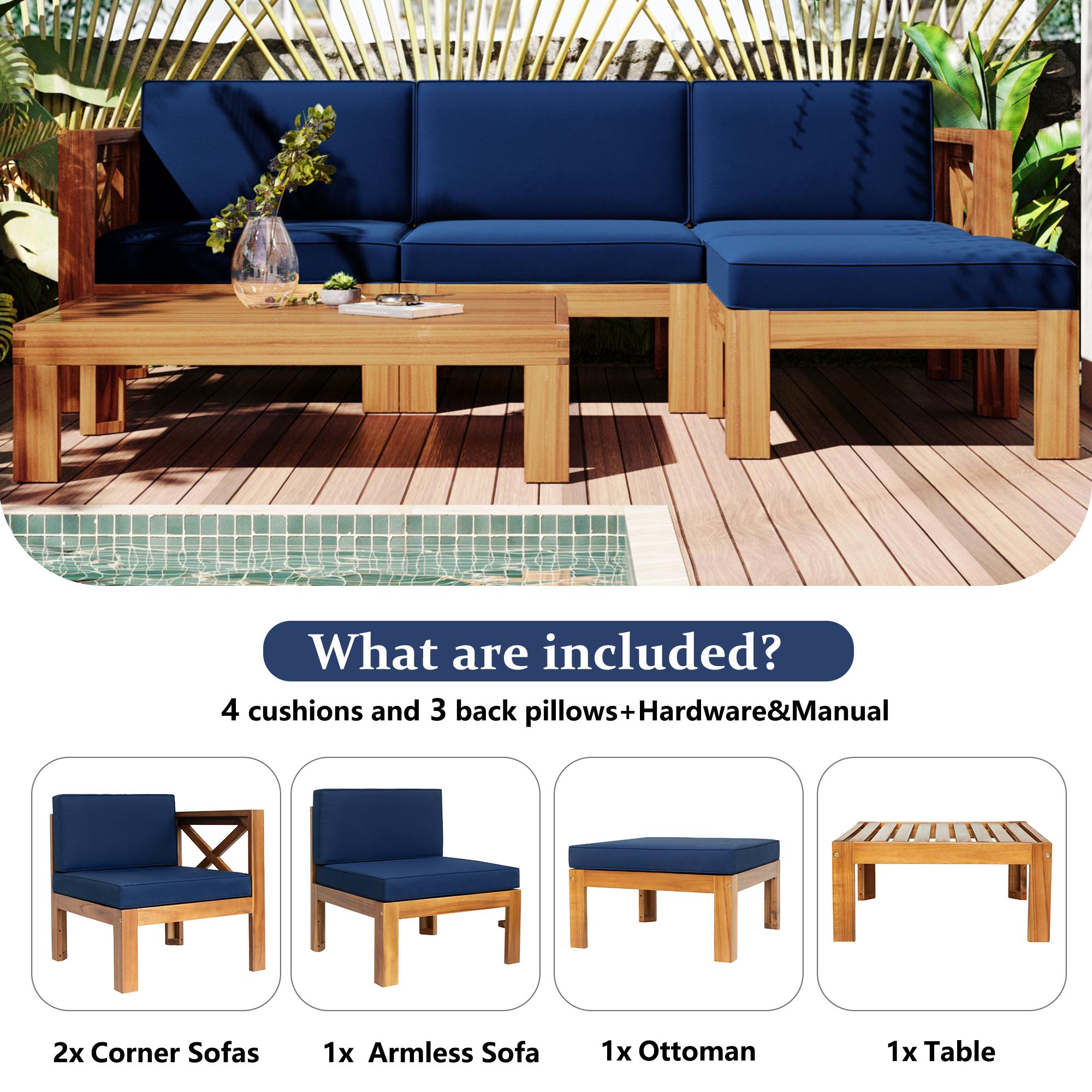 Casual Outdoor Sectional Sofa with Wood Frame & Cushions, Patio Seating Group for Backyard, 25.5" L x 25.5" W x 25.5" H, Natural
