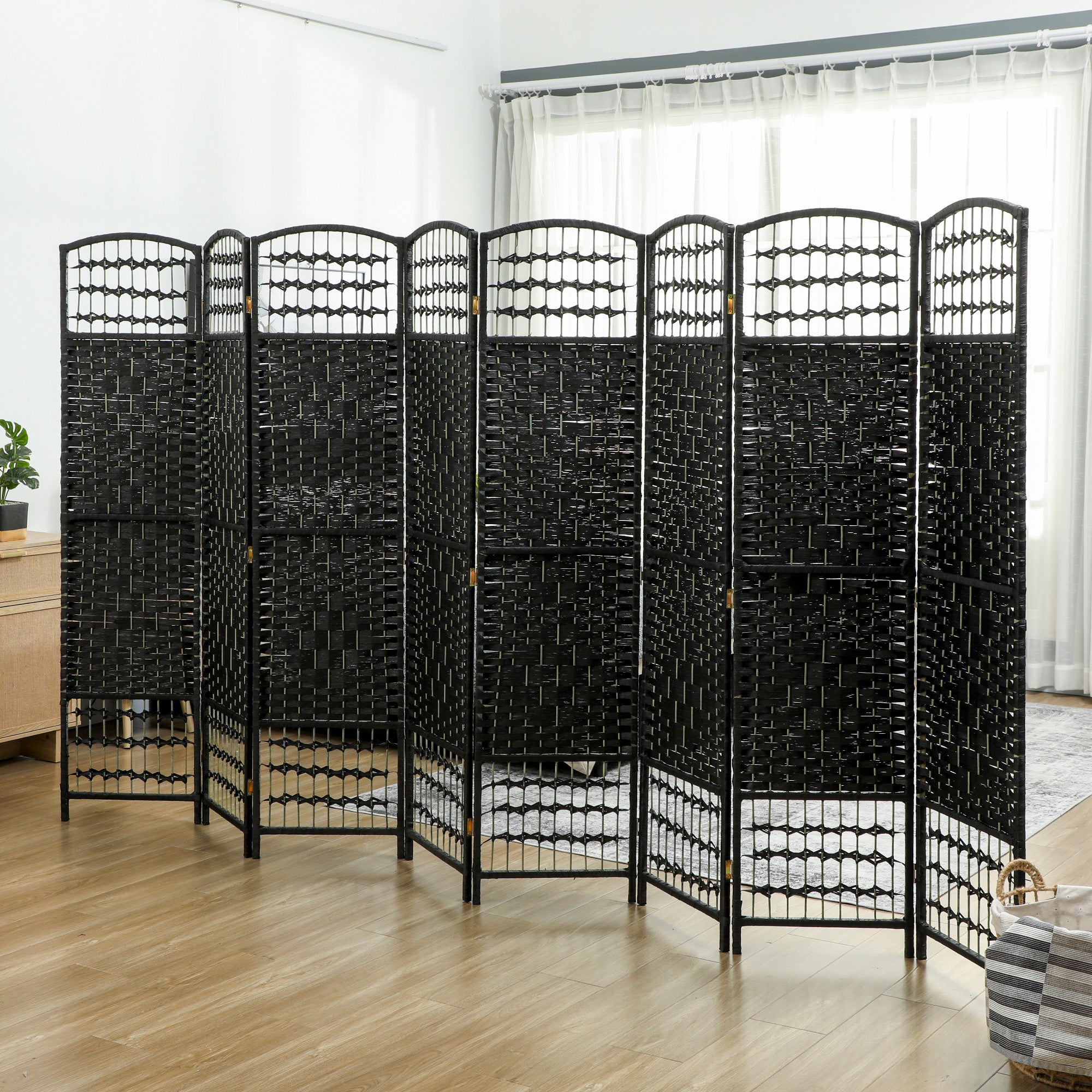 8 Panel Folding Room Divider Portable Privacy Screen Wave Fiber Room Partition for Home Office Black