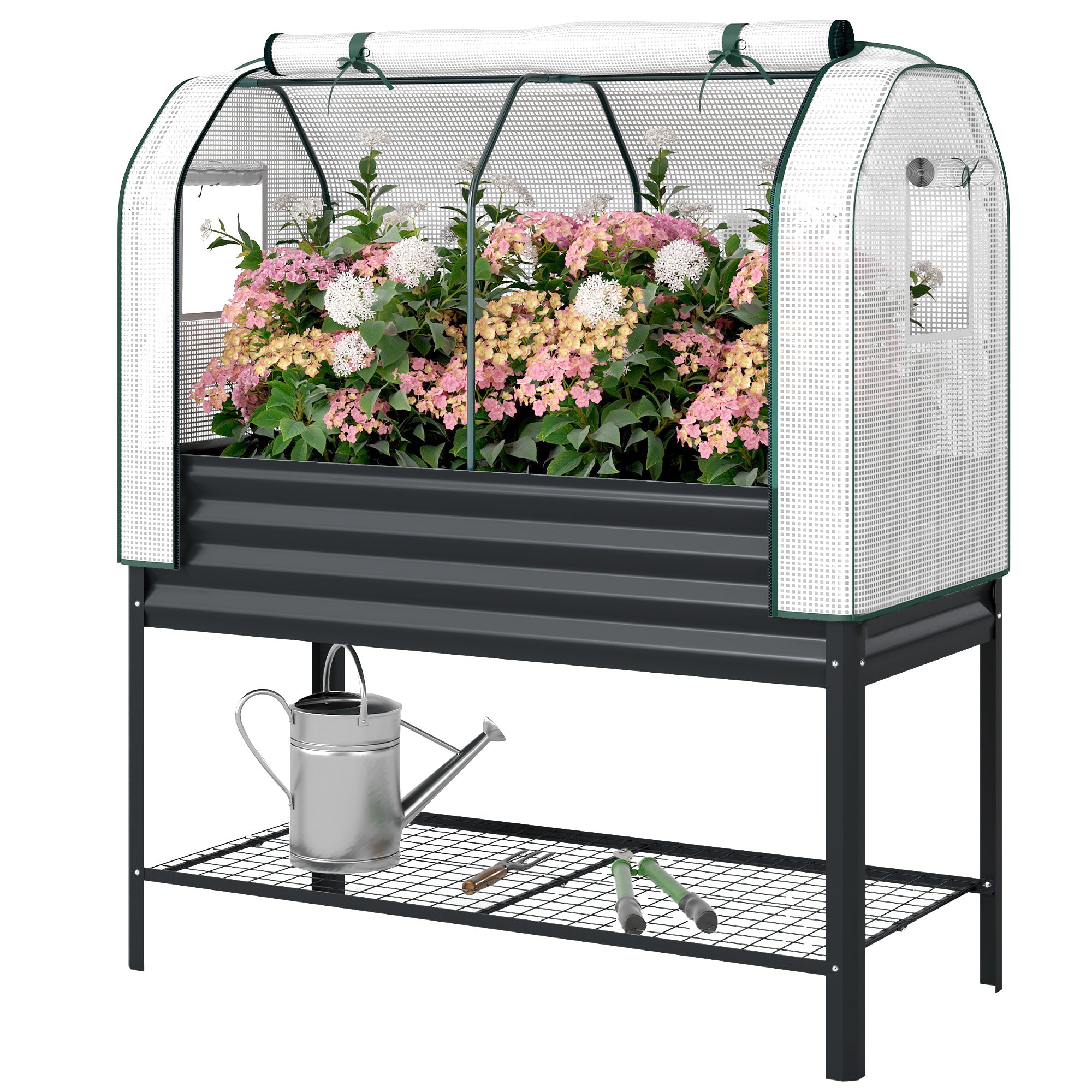 Galvanised Raised Garden Bed with Greenhouse Cover, Metal Elevated Garden Bed with Bed Liner, Bottom Shelf, Black