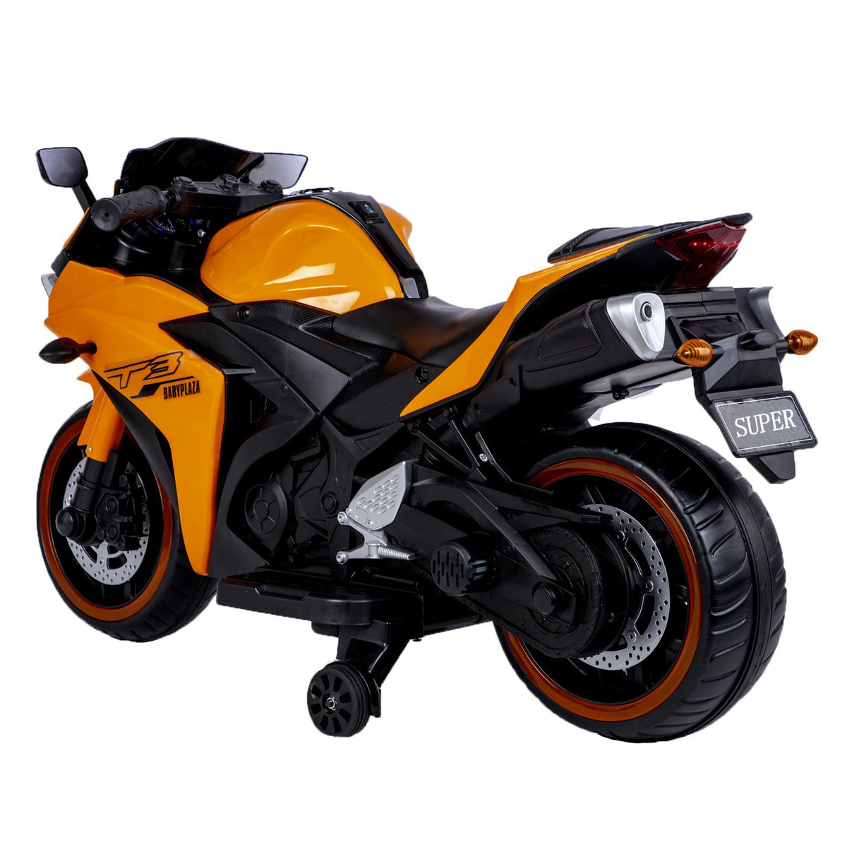 12V Kids Electric Ride-On Motorcycle with Training Wheels and Headlight, Motorbike with MP3 and Light-Up Wheels, 46" L x 20" W x 26" H, Orange