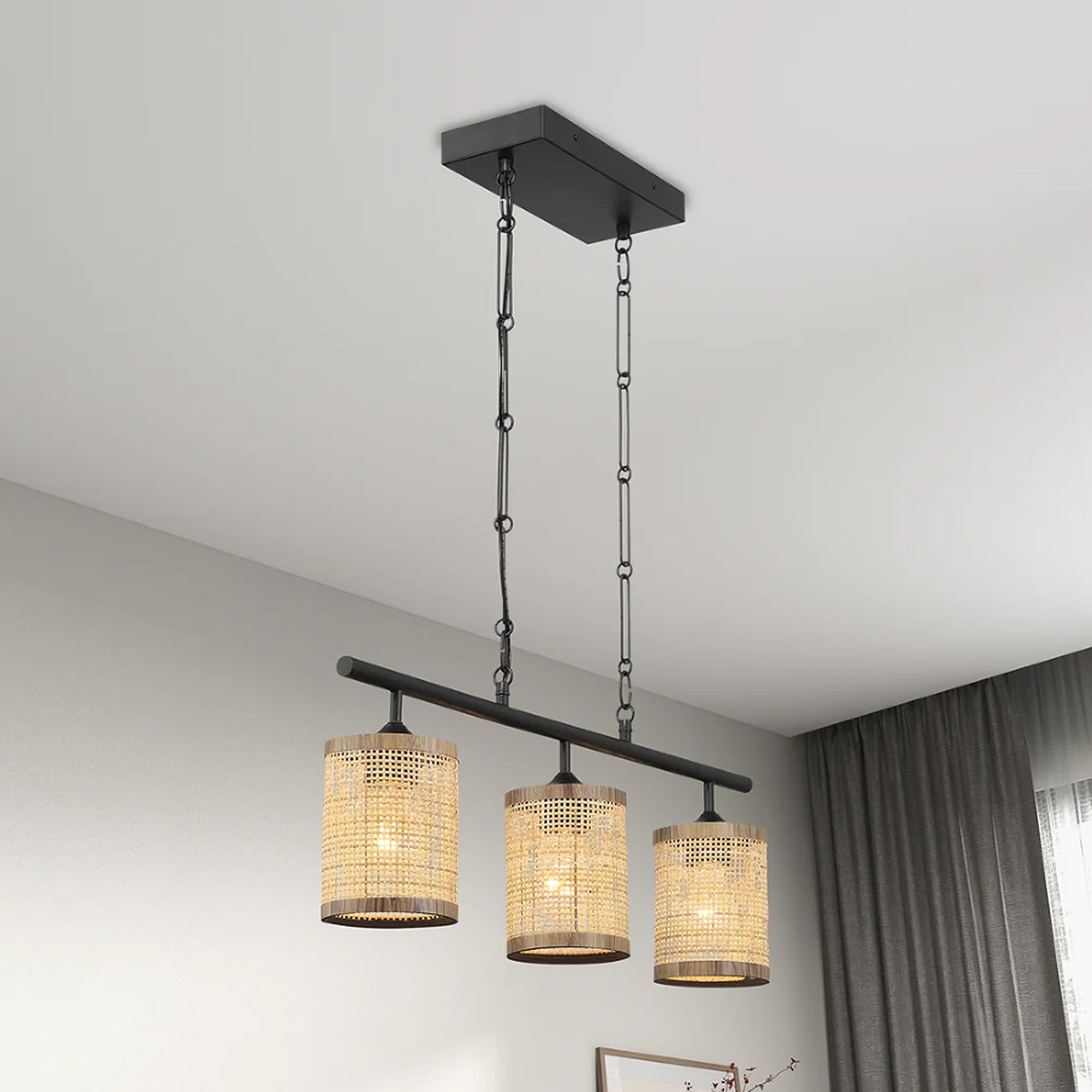 Three-Light Island Ceiling Lamp with Rattan Shade, Farmhouse Chain Design, Ideal for Dining Room, Kitchen, 28" L x 5" W x 10" H, Black