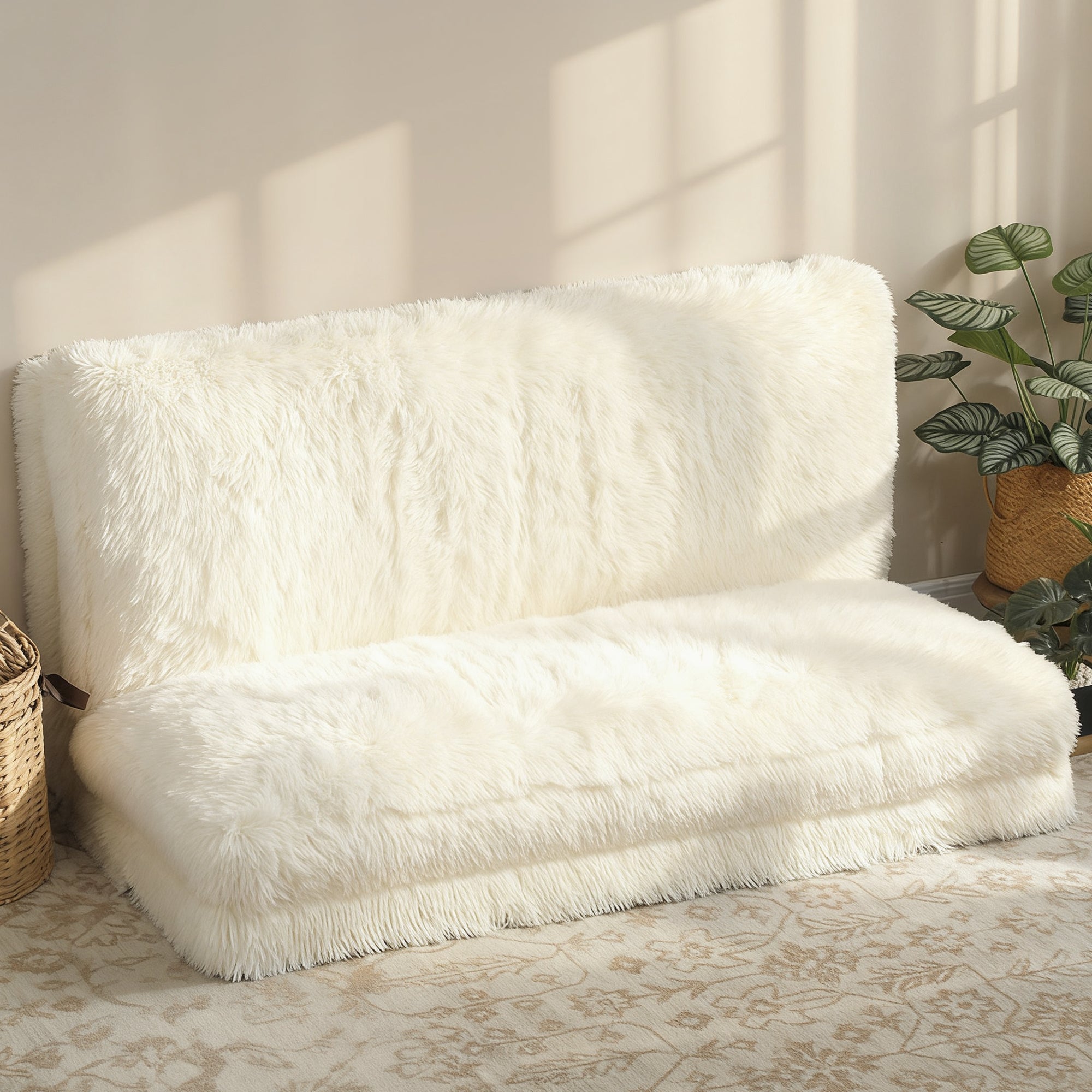 Bean Bag Floor Sofa Bed, Contemporary Plush Wide Folding Floor Mattress, Foam Filling Wall Couch Sleeper, Cream White