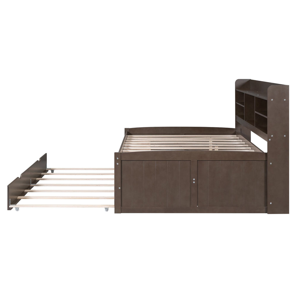 Classic Style Full Size Wooden Captain Bed with Built-in Bookshelves, 3 Storage Drawers, Trundle, 79" L x 104.5" W x 47" H, Antique Gray
