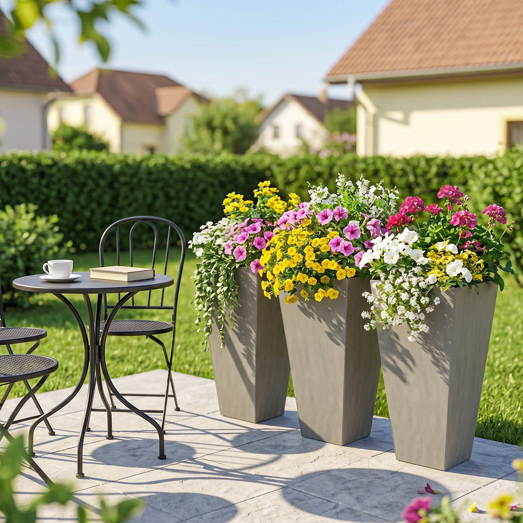 Tall Planters for Outdoor Plants Set of 3, 28 In Taper Planters with Drainage Holes, Indoor Grande Plant Pots, Front Porch Decor, Grey