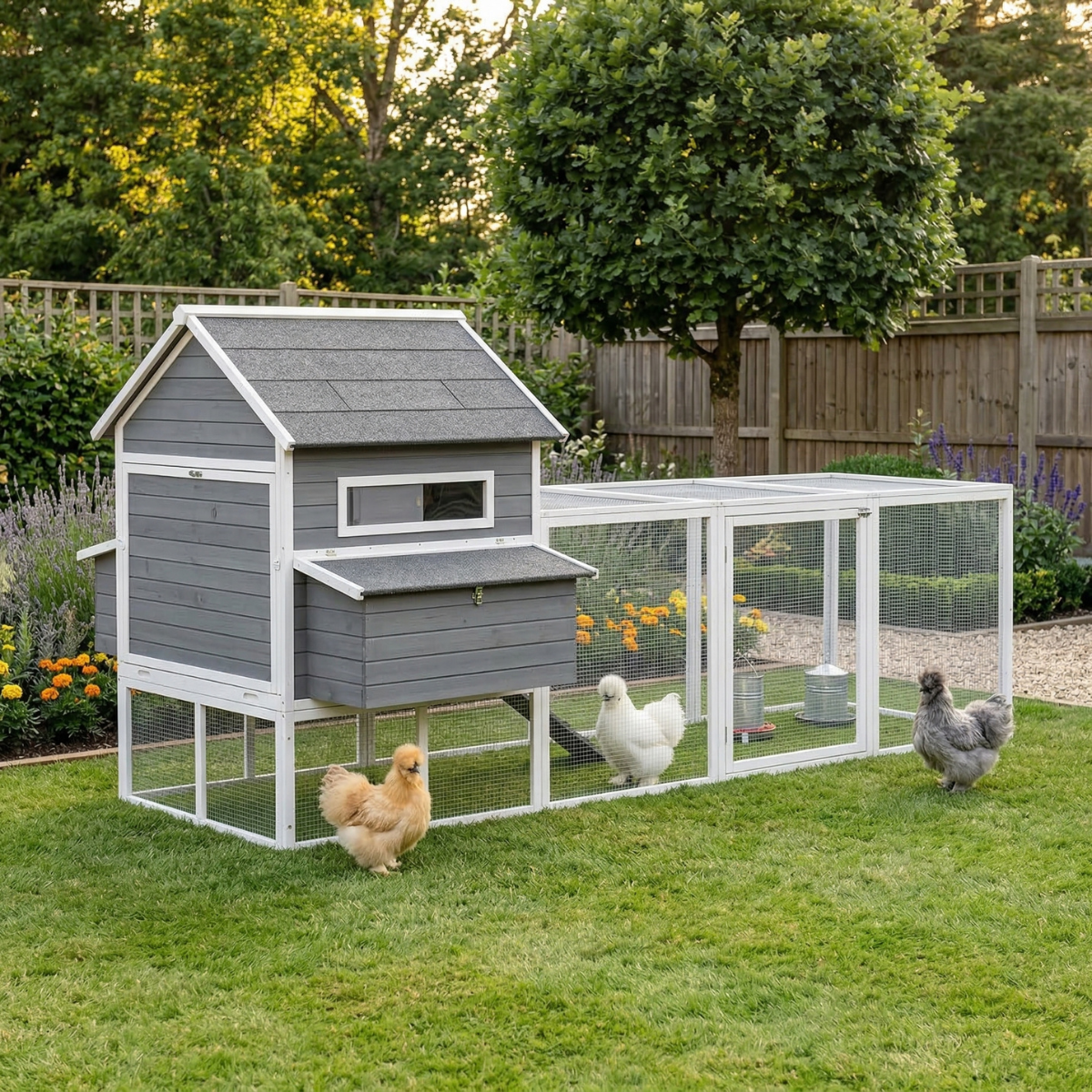 137" Wooden Chicken Coop for 4-6 Chickens, Backyard, Dark Gray