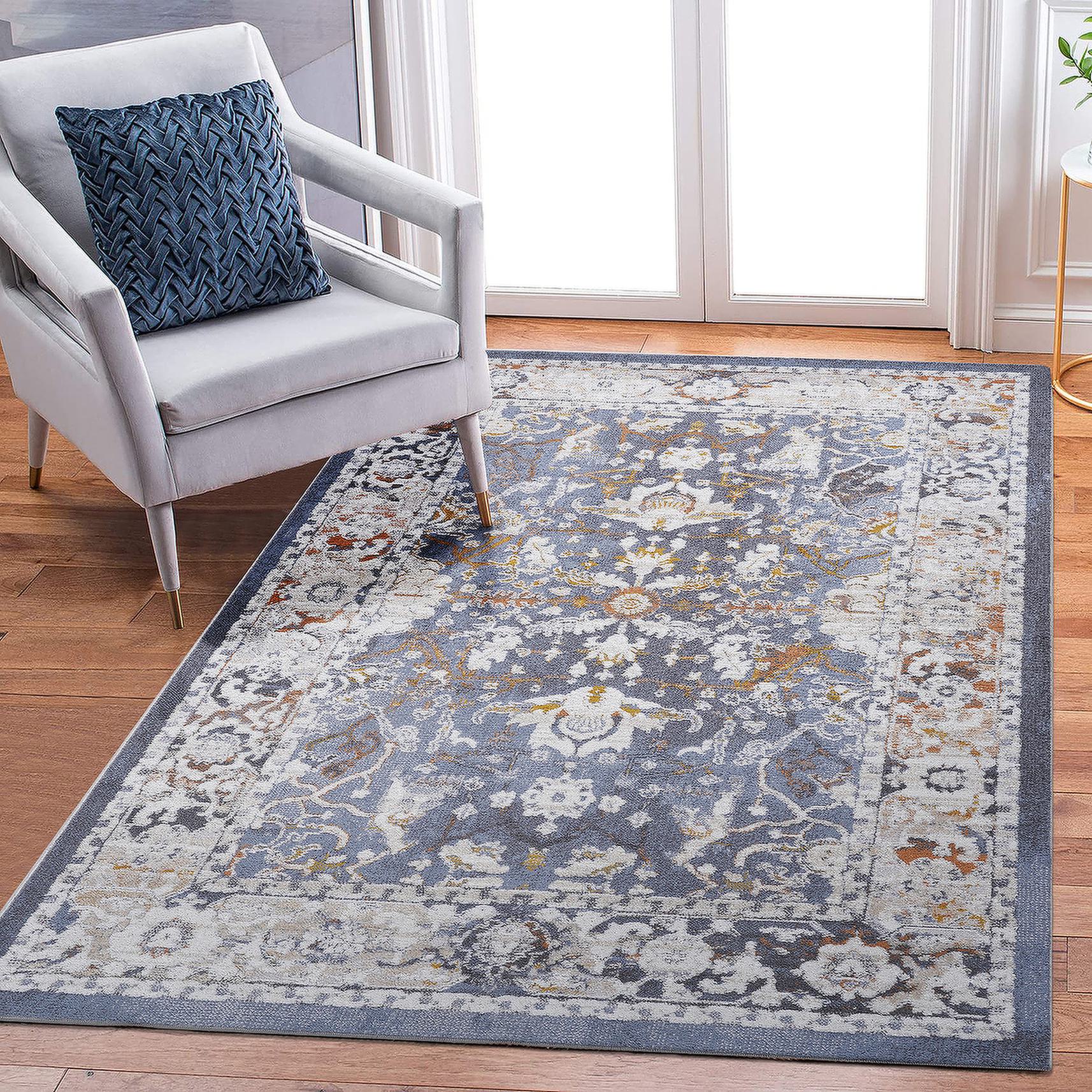 Naar 5x7 Traditional Stain-Resistant Area Rug with Non-Shedding Design and Cotton Backing, Kid and Pet-Friendly Carpet, 90" L x 63" W x 0.3" H, Blue